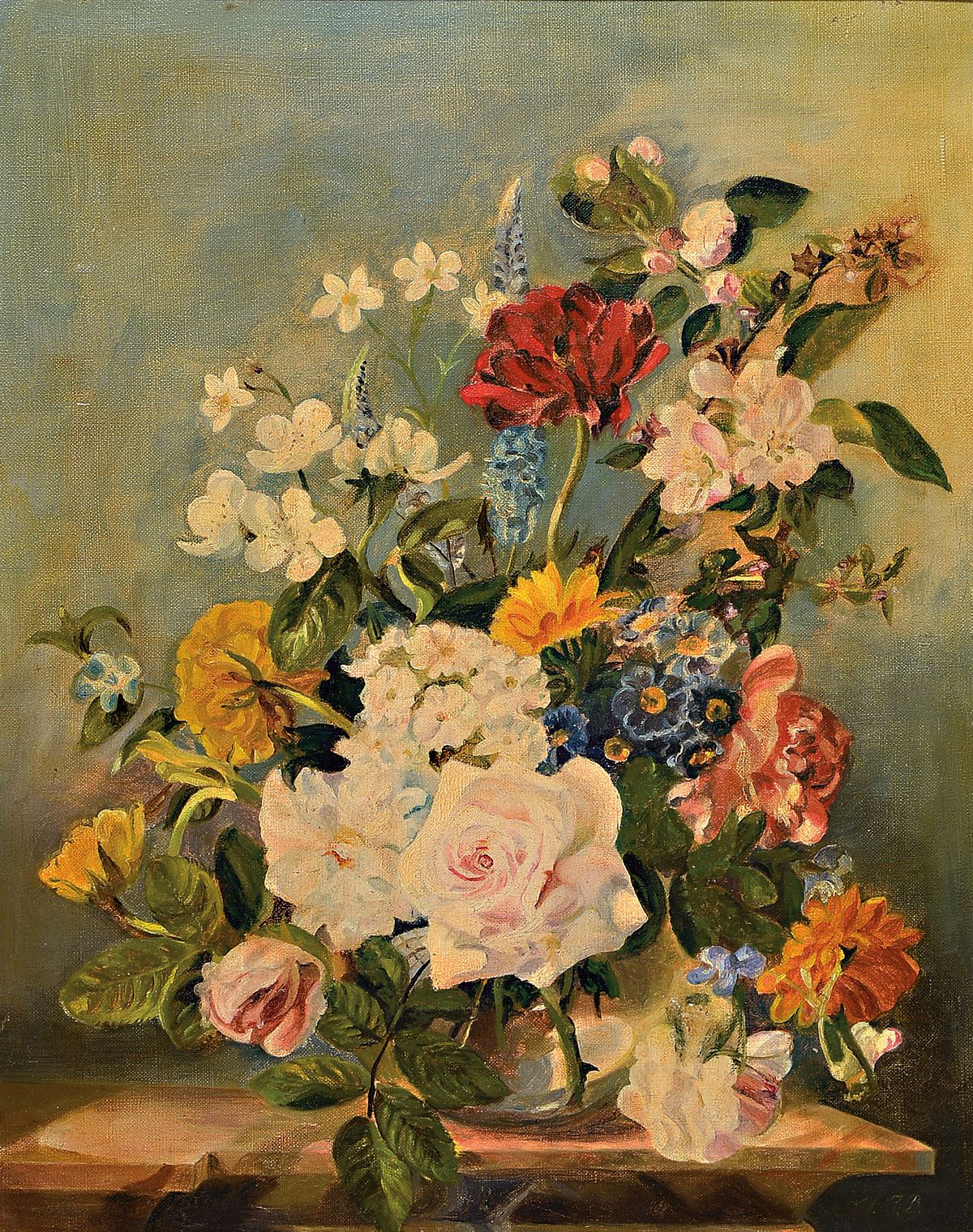 Unbekannter Maler, deutsch, um 1900, Üppiges Blumenstillleben, Öl/Lwd, rechts unten HRA monogrammiert, ca. 50x40 cm, R. ca. 70x60cm