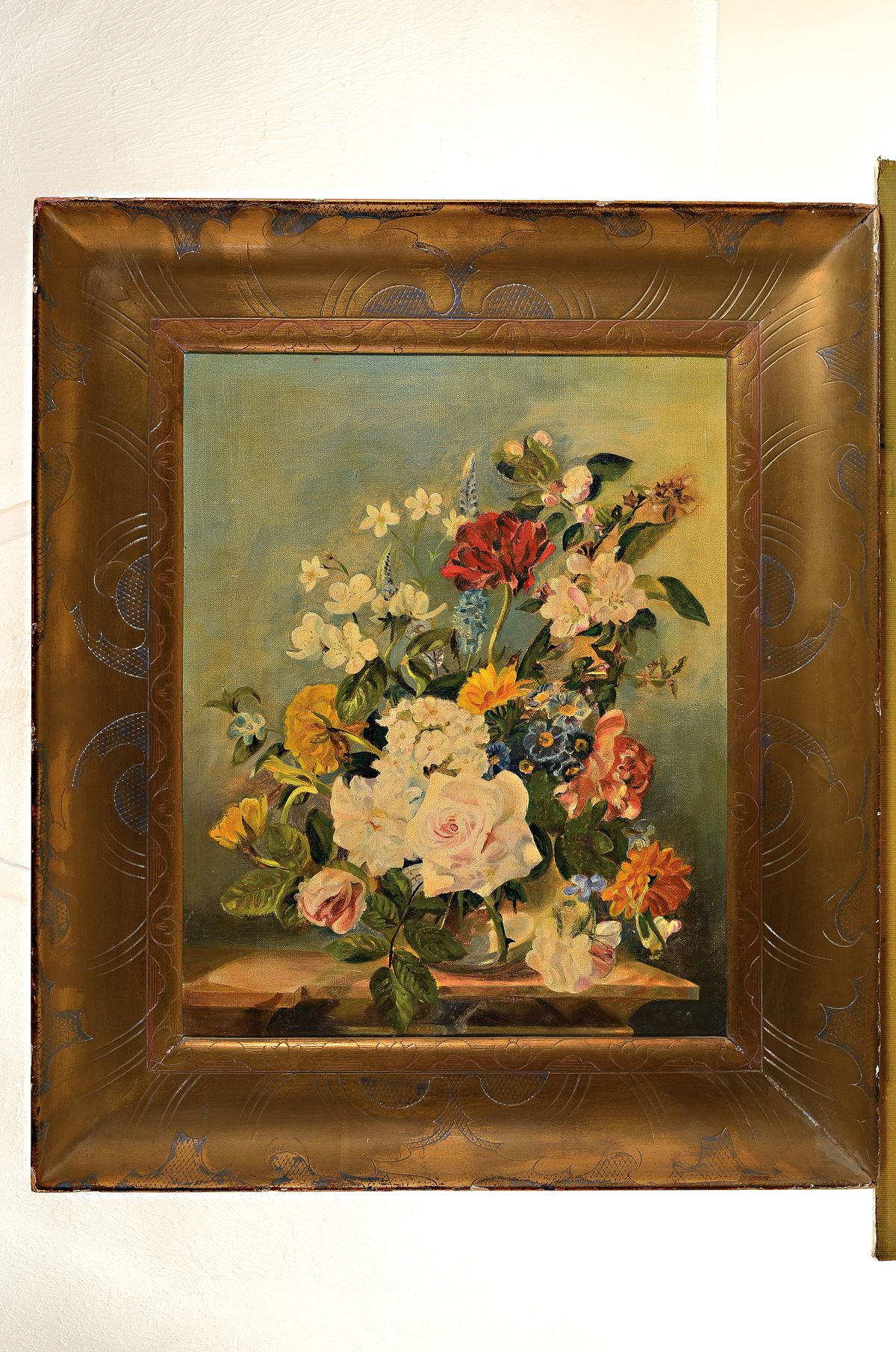 Detail k: Unbekannter Maler, deutsch, um 1900, Üppiges Blumenstillleben, Öl/Lwd, rechts unten HRA monogrammiert, ca. 50x40 cm, R. ca. 70x60cm