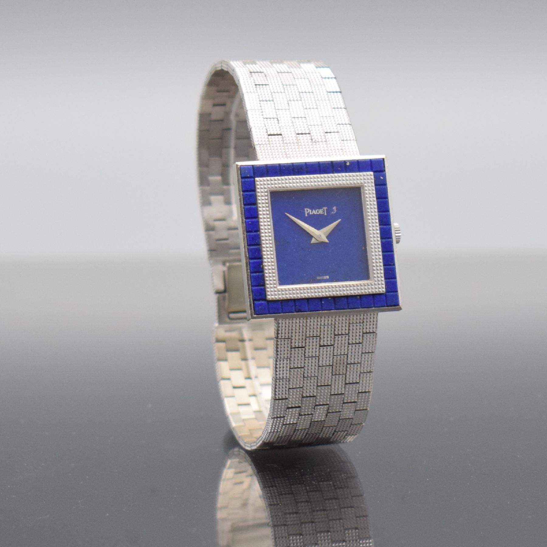Detail d: PIAGET seltene, quadratische Damenarmbanduhr Altiplano in WG 750/000 mit Lapislazuli Zifferblatt & Lünette Referenz 9200 C 4, Handaufzug, Schweiz um ...