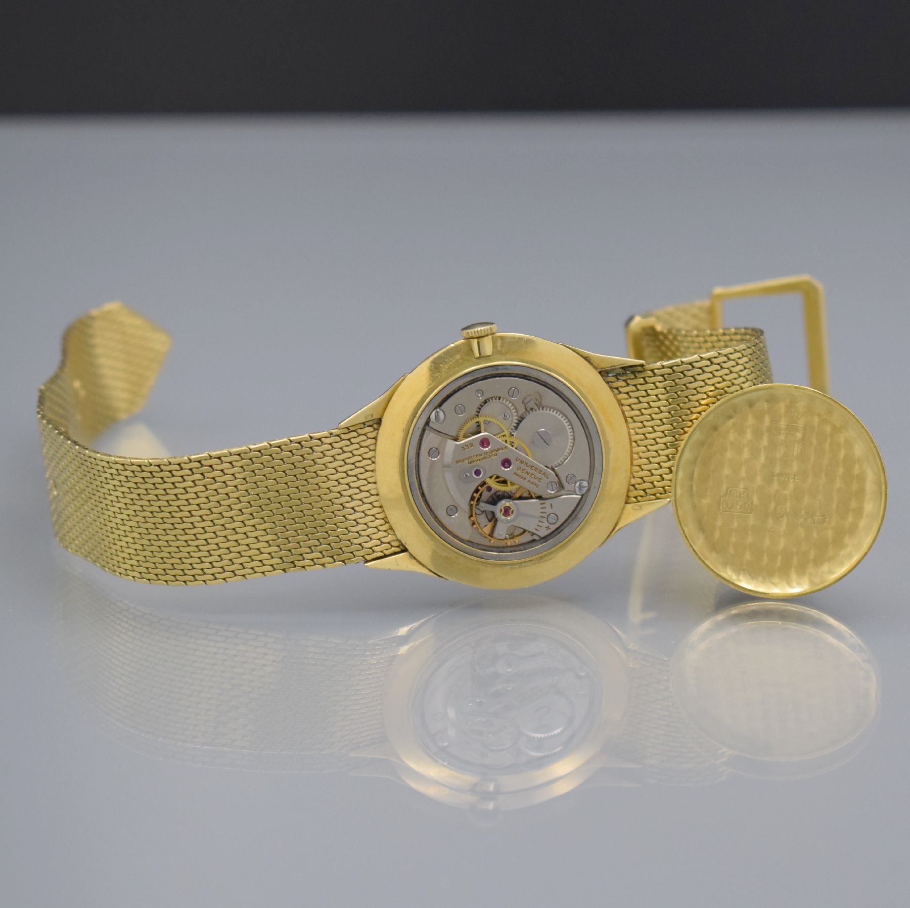 Detail h: UNIVERSAL GENEVE Herrenarmbanduhr in GG 750/000 Referenz 106548-1, Handaufzug, Schweiz um 1960, 3-teil. Geh., Boden & Glasrand aufgedr., spezielles ...