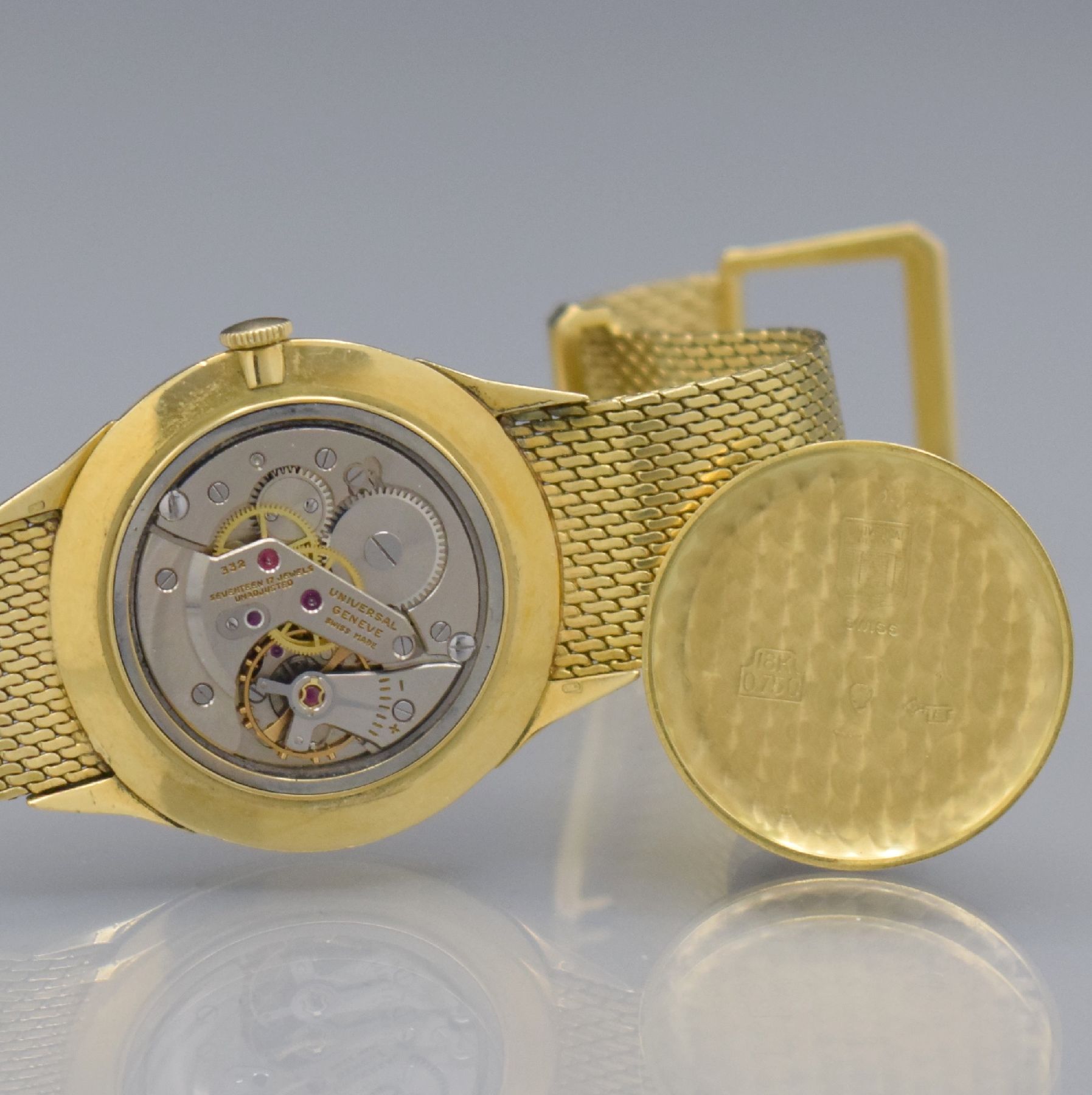 Detail i: UNIVERSAL GENEVE Herrenarmbanduhr in GG 750/000 Referenz 106548-1, Handaufzug, Schweiz um 1960, 3-teil. Geh., Boden & Glasrand aufgedr., spezielles ...