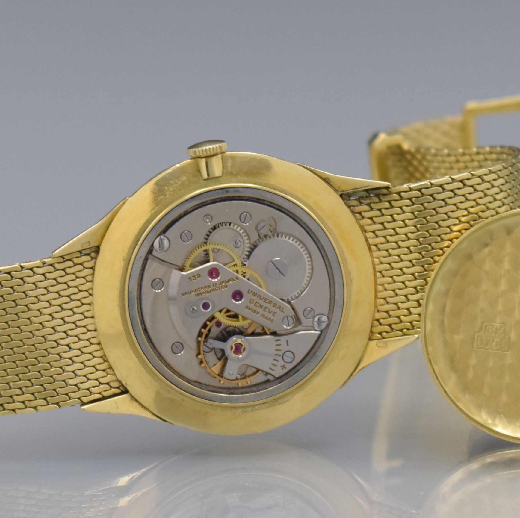 Detail j: UNIVERSAL GENEVE Herrenarmbanduhr in GG 750/000 Referenz 106548-1, Handaufzug, Schweiz um 1960, 3-teil. Geh., Boden & Glasrand aufgedr., spezielles ...