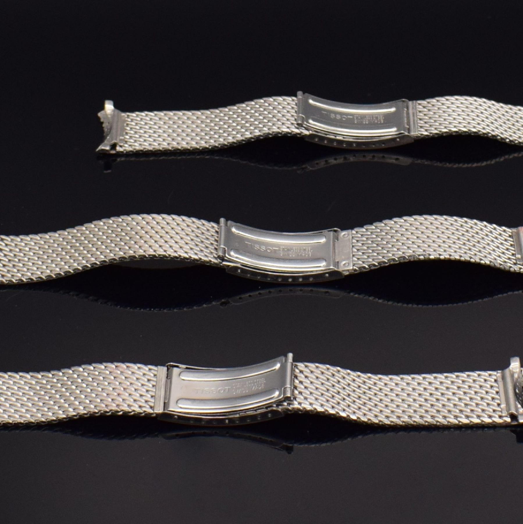 Detail b: 7 interessante & unbenutzte Armbanduhrbänder in Edelstahl, Schweiz/Deutschland um 1970, 3x Tissot Milanaise-Bänder ca. 18 mm Breite, 3x Dugena ...