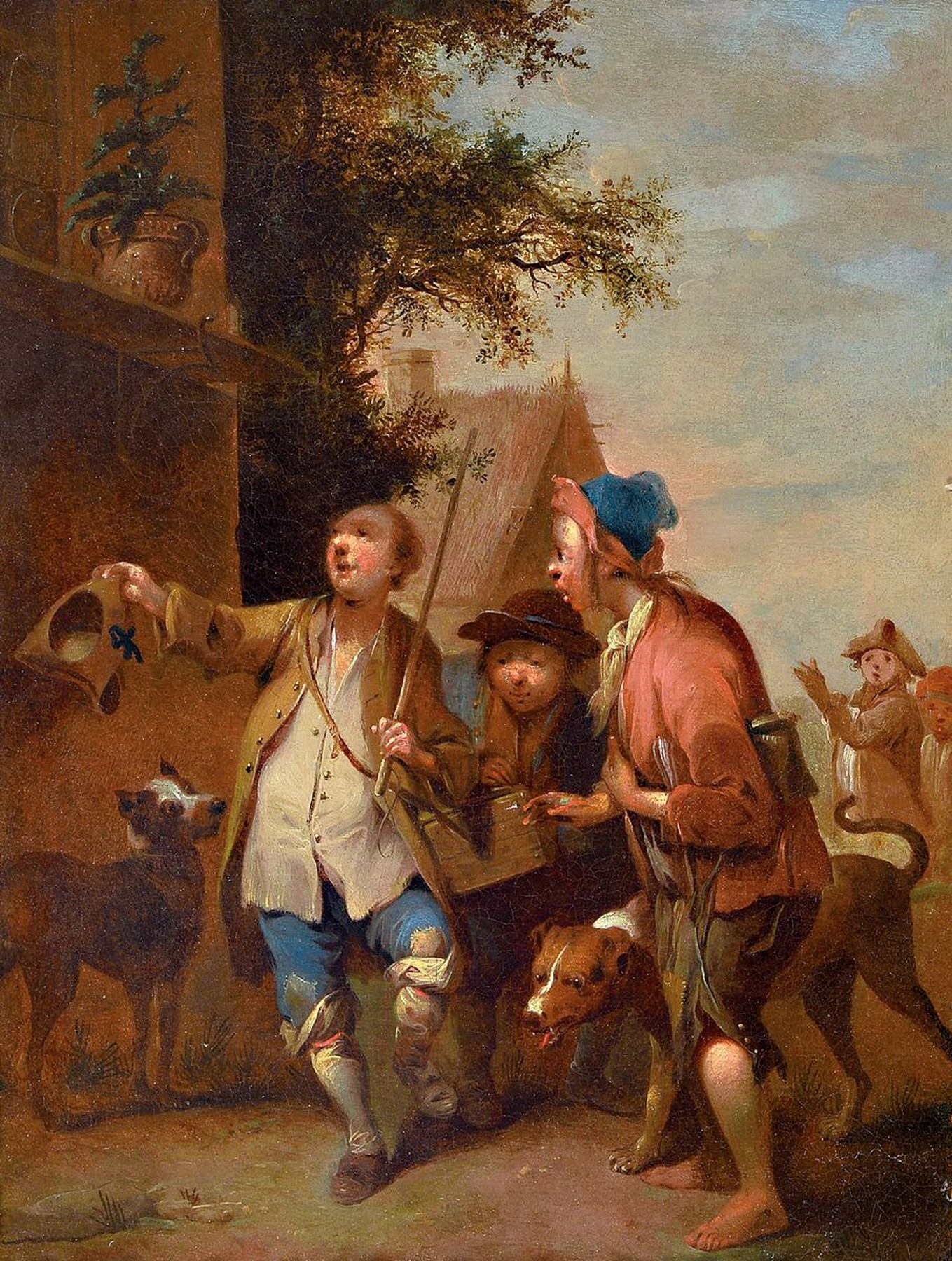 Zuschreibung Johann Conrad Seekatz, 1719 Grünstadt/Pfalz - 1768 Darmstadt, tanzende Savoyardenknaben mit Hunden, Genreszene mit in sich aufeinander ...
