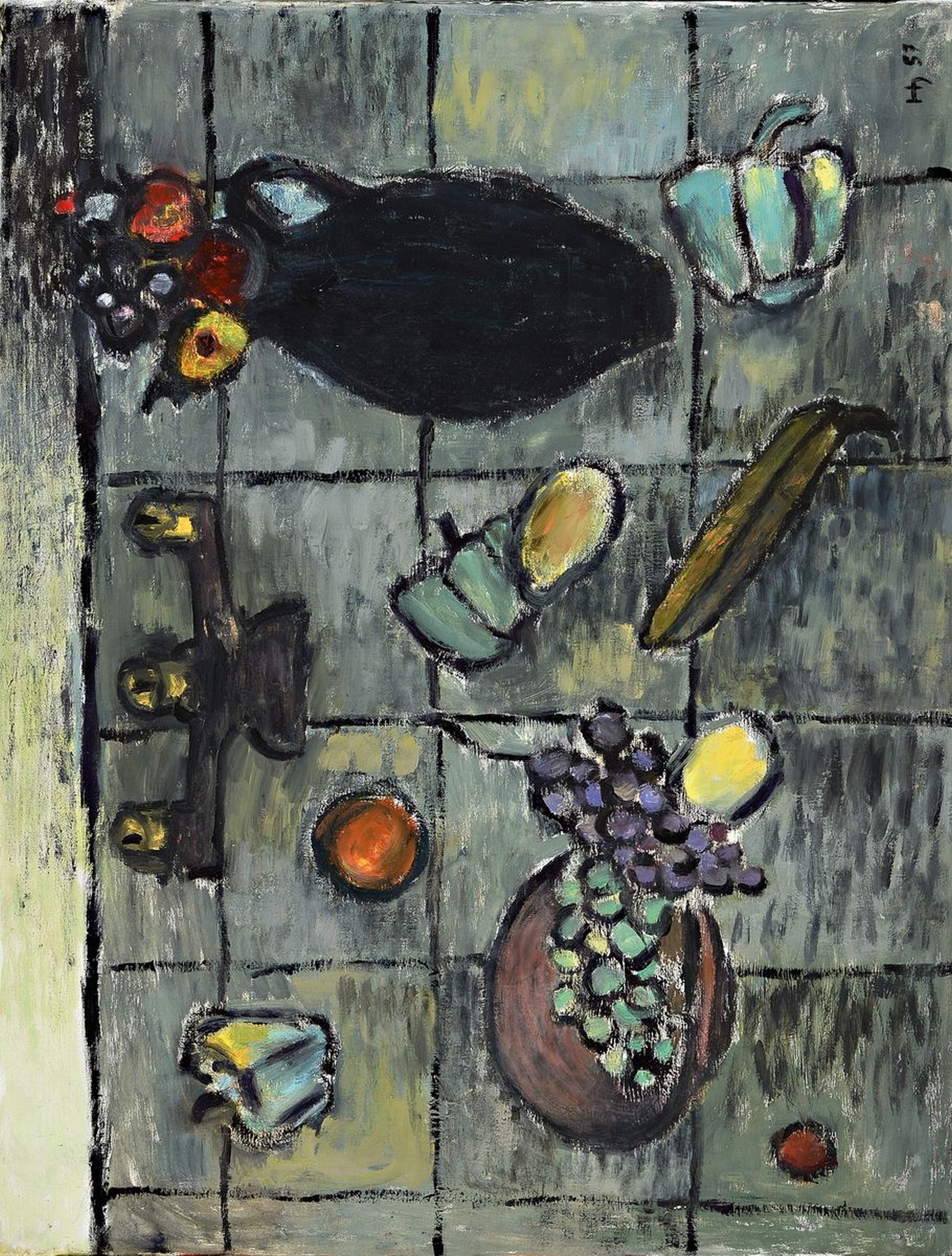 Monogrammist HH, datiert (19)57, Stillleben auf dem Tisch, Öl/Lwd, rechts unten signiert und dat., rückseitig ebenfalls bemalt, ca. 65x86cm