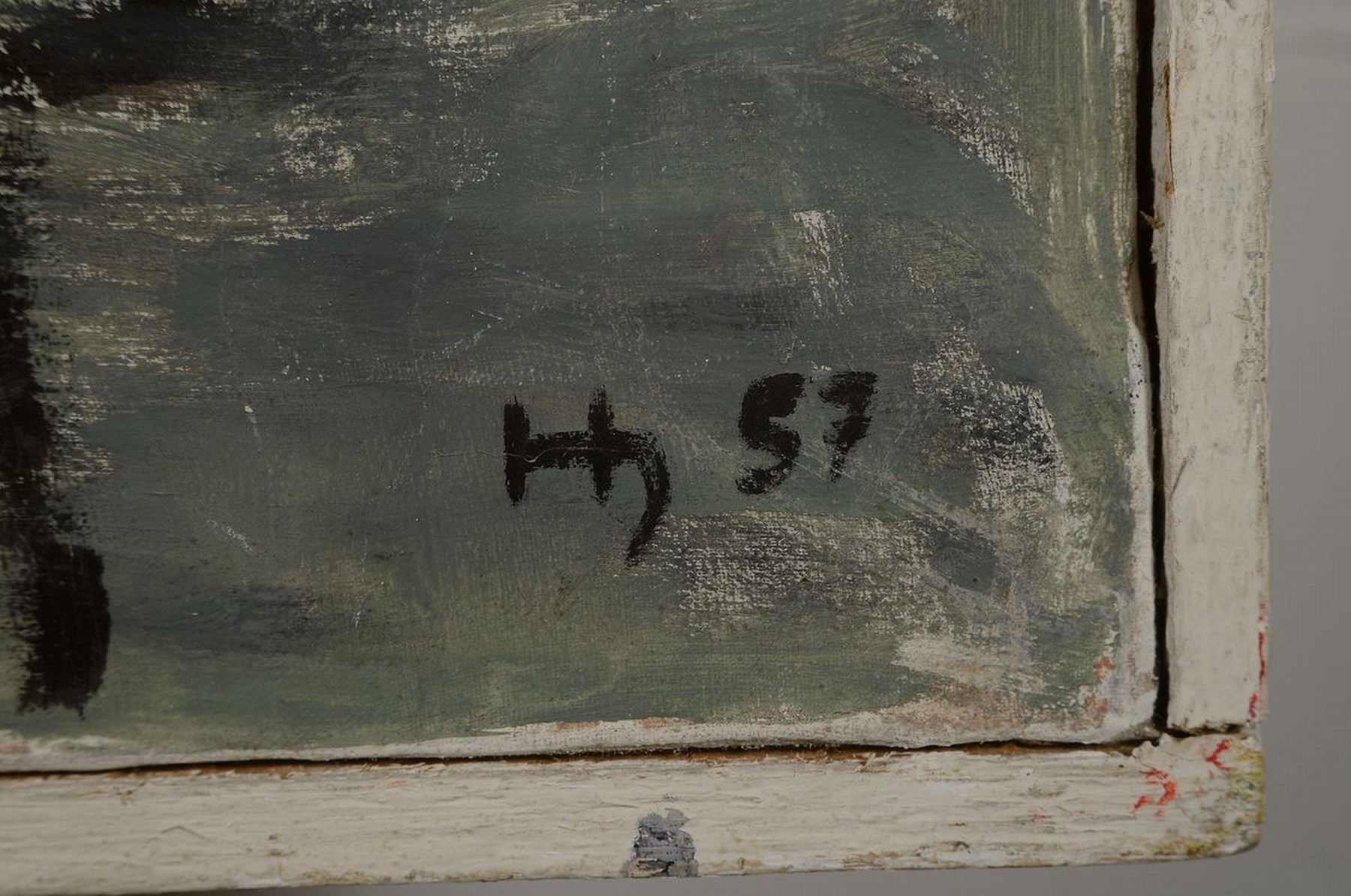 Detail a: Monogrammist HH, datiert (19)57, Stillleben auf dem Tisch, Öl/Lwd, rechts unten signiert und dat., rückseitig ebenfalls bemalt, ca. 65x86cm