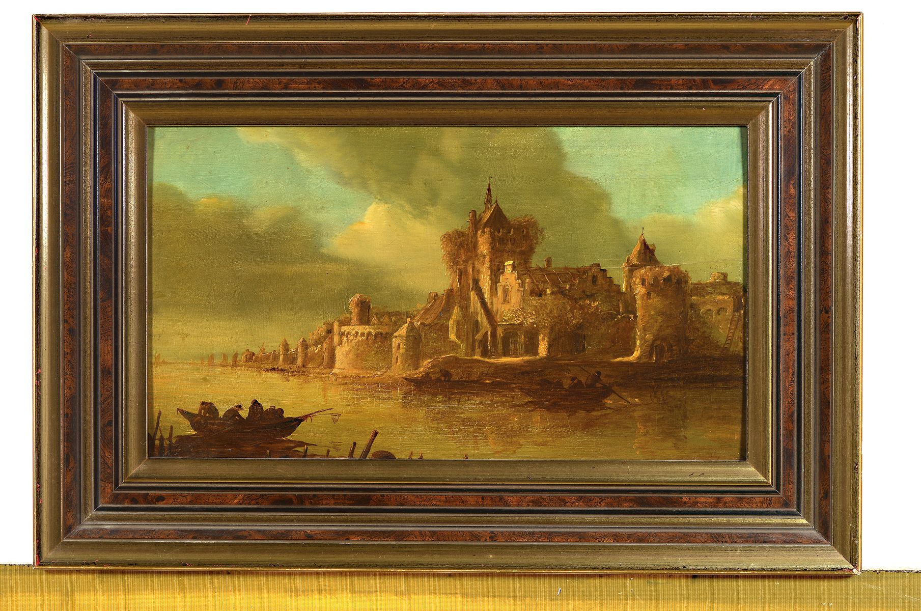 Detail k: Unbekannter niederländischer Maler, wohl Harlemer Schule um 1870/80, Stadtansicht am Fluss, im Vordergrund, Fischerboote, Öl/Holz, wohl Reste alter ...