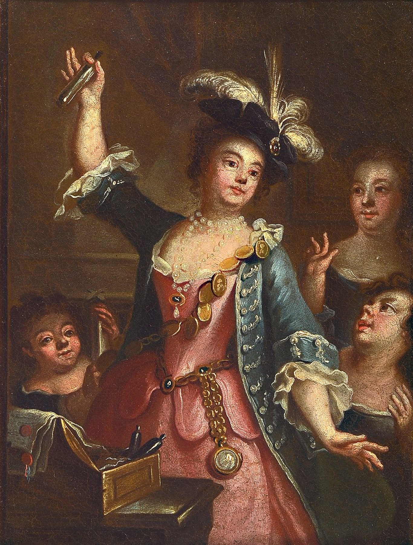 Süddeutscher Maler, um 1770, Edeldame mit Flakon in der Hand und Hofdamen, Öl/Lwd, doubliert, rest., ca. 28 x 21.5 cm, vergoldeter Rahmen um ...