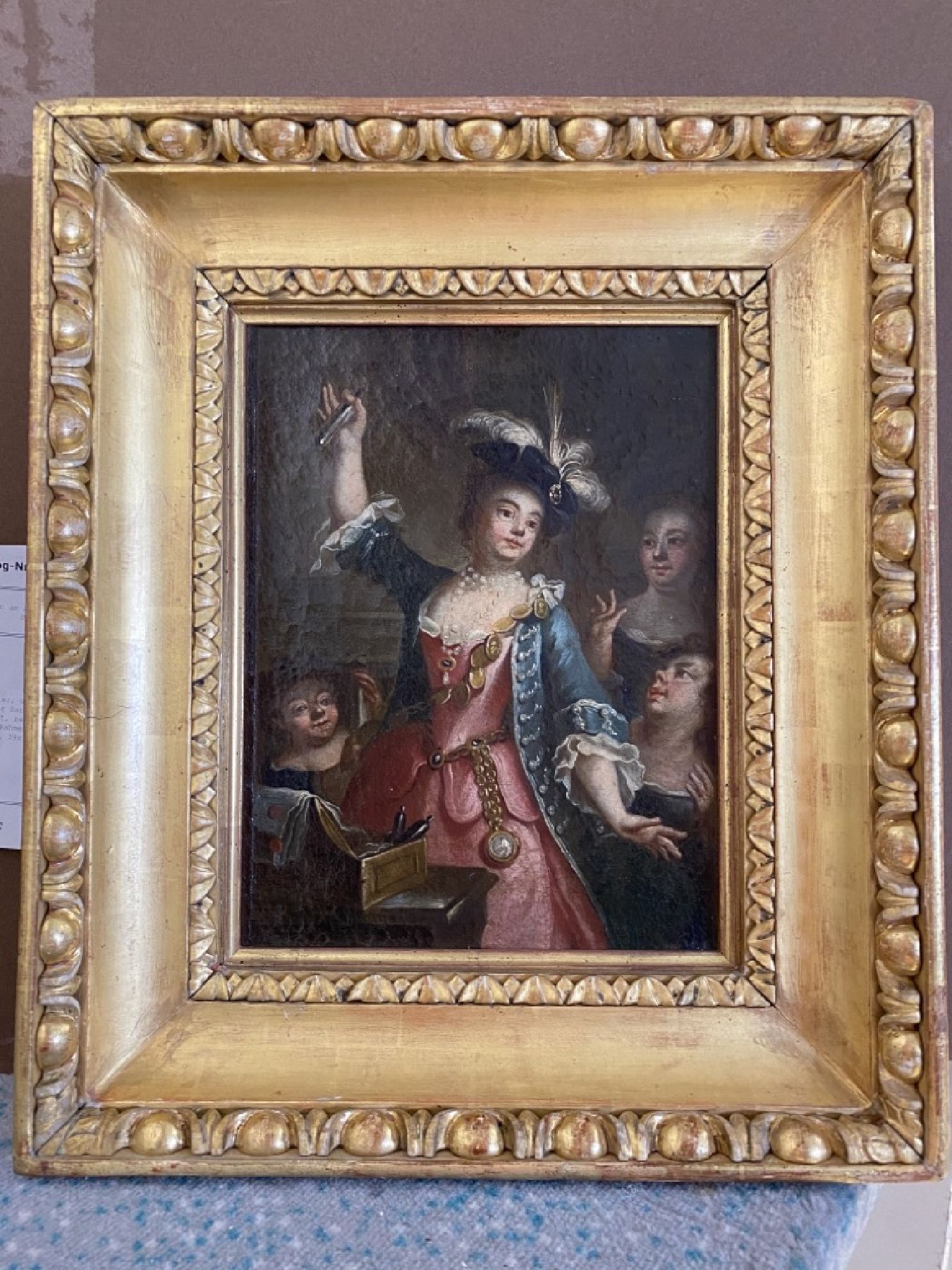 Detail a: Süddeutscher Maler, um 1770, Edeldame mit Flakon in der Hand und Hofdamen, Öl/Lwd, doubliert, rest., ca. 28 x 21.5 cm, vergoldeter Rahmen um ...