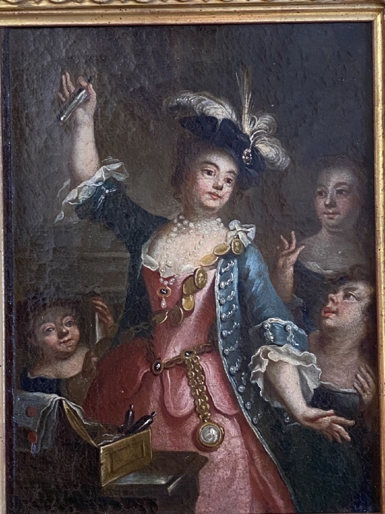 Detail b: Süddeutscher Maler, um 1770, Edeldame mit Flakon in der Hand und Hofdamen, Öl/Lwd, doubliert, rest., ca. 28 x 21.5 cm, vergoldeter Rahmen um ...