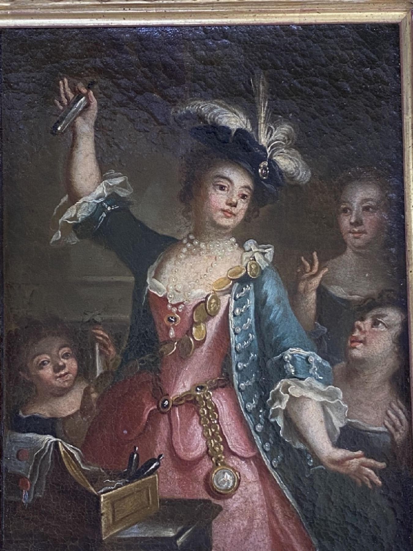 Detail f: Süddeutscher Maler, um 1770, Edeldame mit Flakon in der Hand und Hofdamen, Öl/Lwd, doubliert, rest., ca. 28 x 21.5 cm, vergoldeter Rahmen um ...