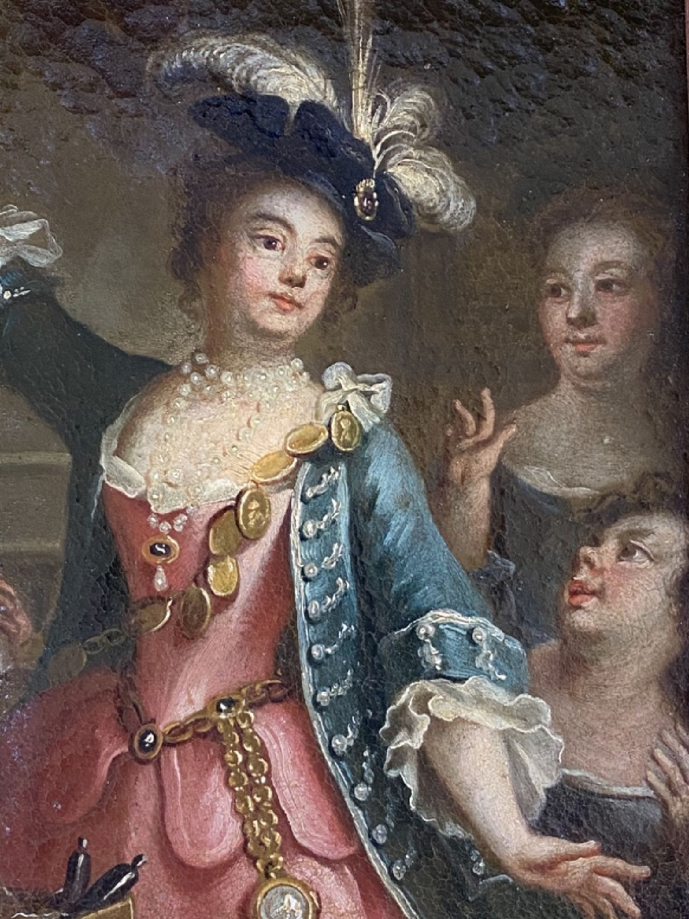 Detail g: Süddeutscher Maler, um 1770, Edeldame mit Flakon in der Hand und Hofdamen, Öl/Lwd, doubliert, rest., ca. 28 x 21.5 cm, vergoldeter Rahmen um ...