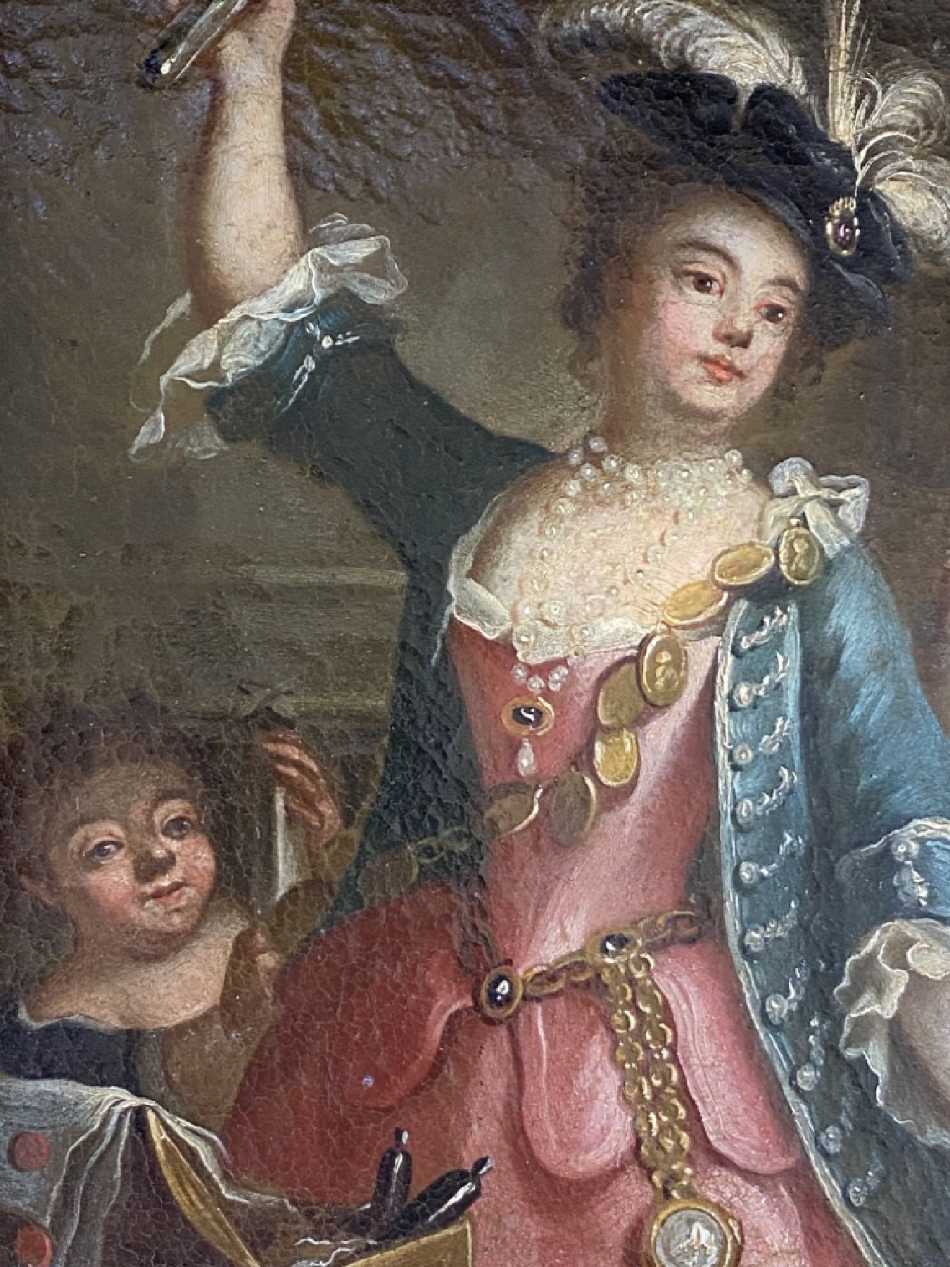 Detail h: Süddeutscher Maler, um 1770, Edeldame mit Flakon in der Hand und Hofdamen, Öl/Lwd, doubliert, rest., ca. 28 x 21.5 cm, vergoldeter Rahmen um ...