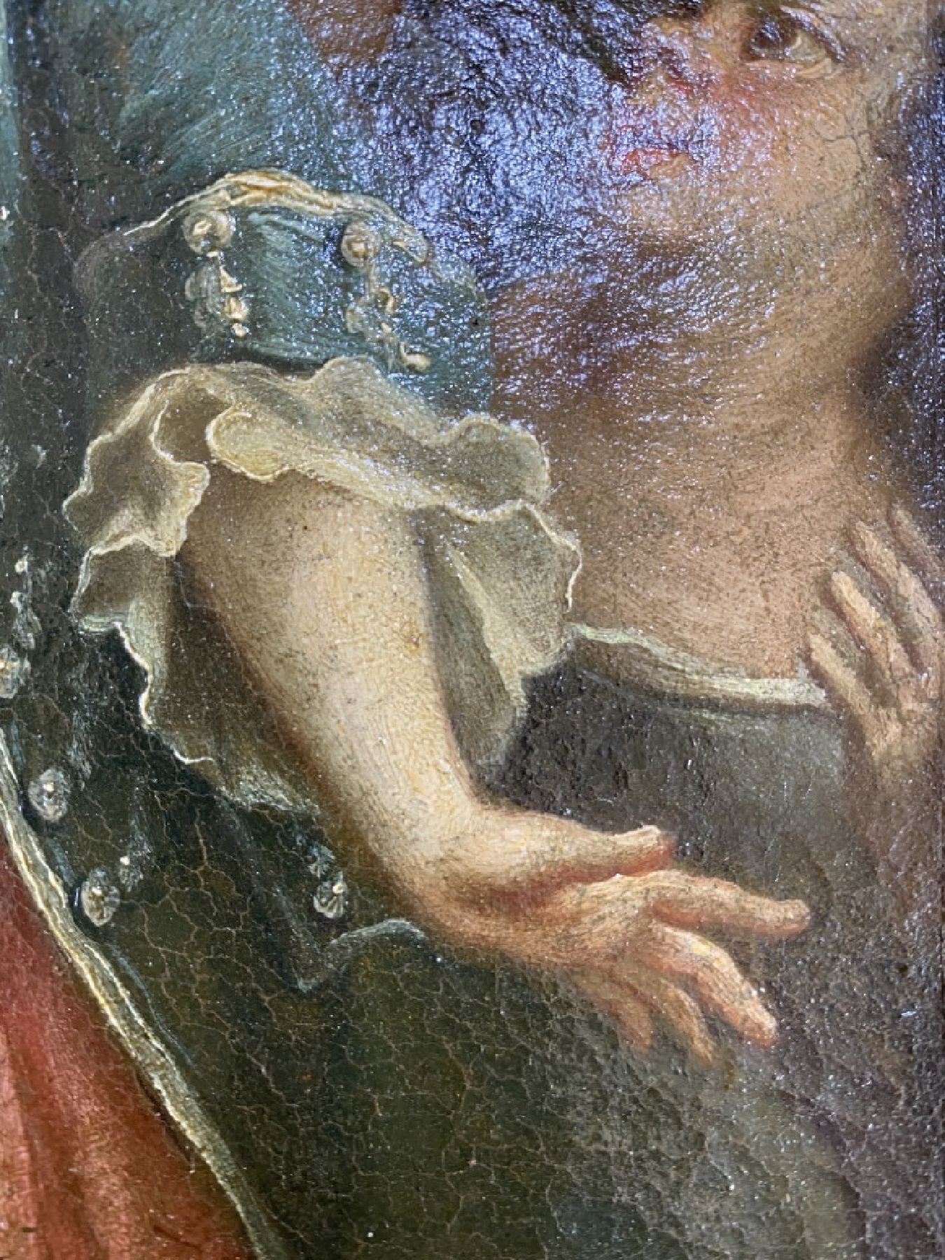 Detail i: Süddeutscher Maler, um 1770, Edeldame mit Flakon in der Hand und Hofdamen, Öl/Lwd, doubliert, rest., ca. 28 x 21.5 cm, vergoldeter Rahmen um ...