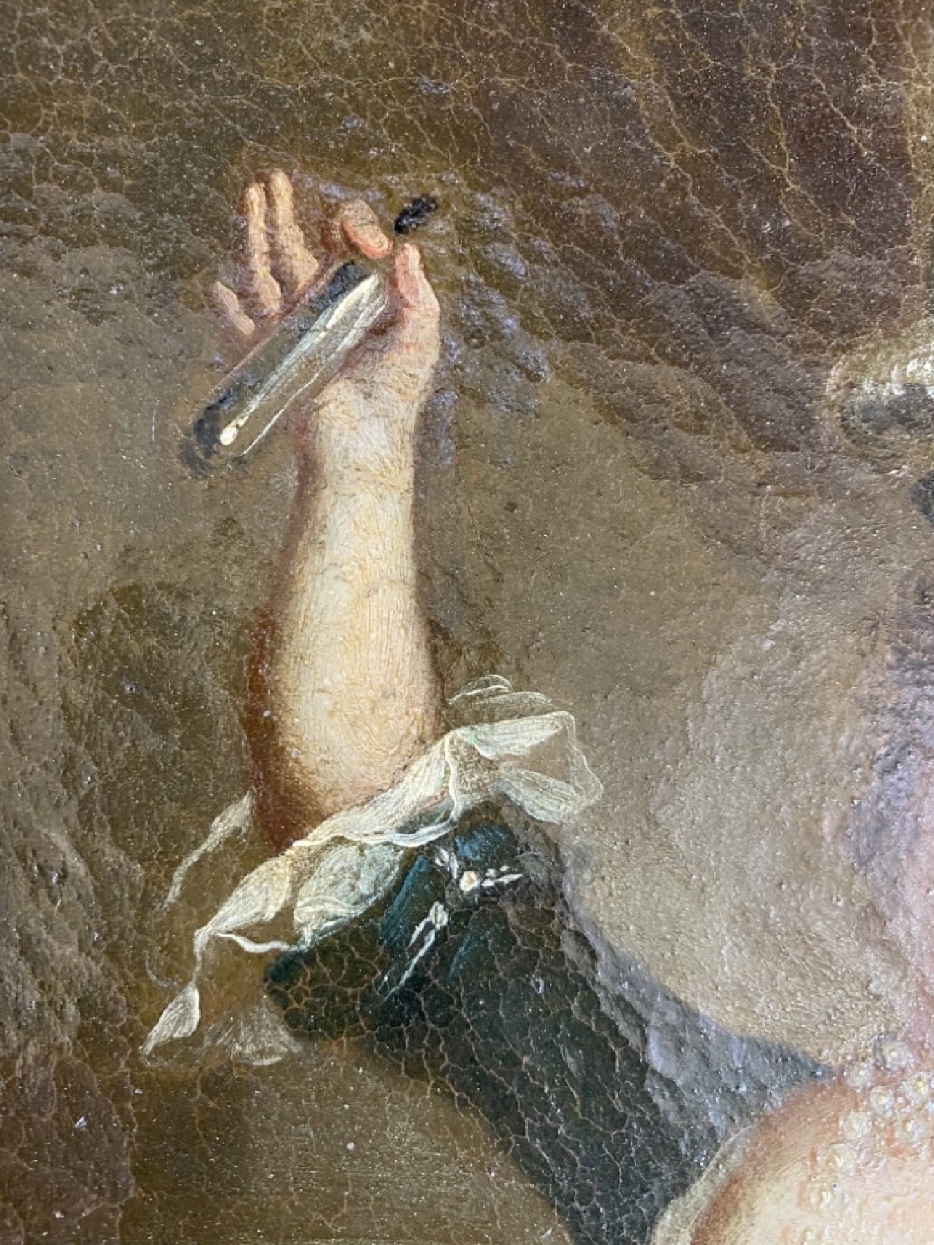 Detail j: Süddeutscher Maler, um 1770, Edeldame mit Flakon in der Hand und Hofdamen, Öl/Lwd, doubliert, rest., ca. 28 x 21.5 cm, vergoldeter Rahmen um ...