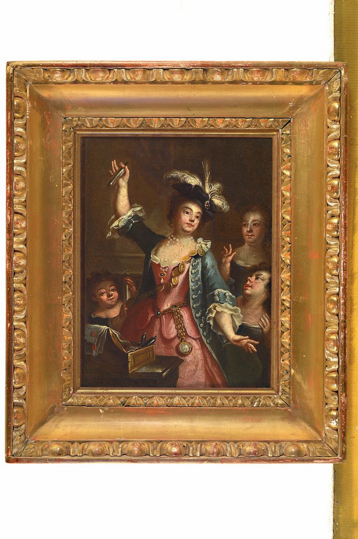 Detail k: Süddeutscher Maler, um 1770, Edeldame mit Flakon in der Hand und Hofdamen, Öl/Lwd, doubliert, rest., ca. 28 x 21.5 cm, vergoldeter Rahmen um ...