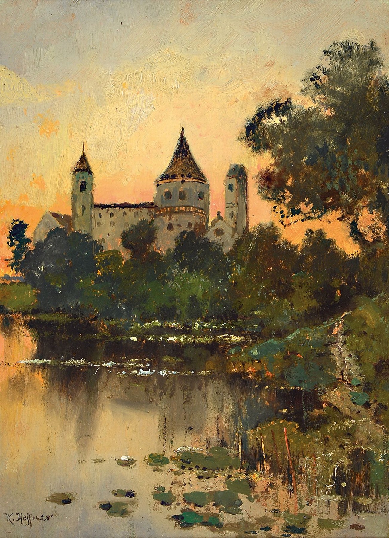 Karl Heffner, 1849 Würzburg - 1925, großer Anhänger von Richard Wagner, Ansicht von Dinkelsbühl in der Dämmerung, Öl/Malkarton, gekonnte ...