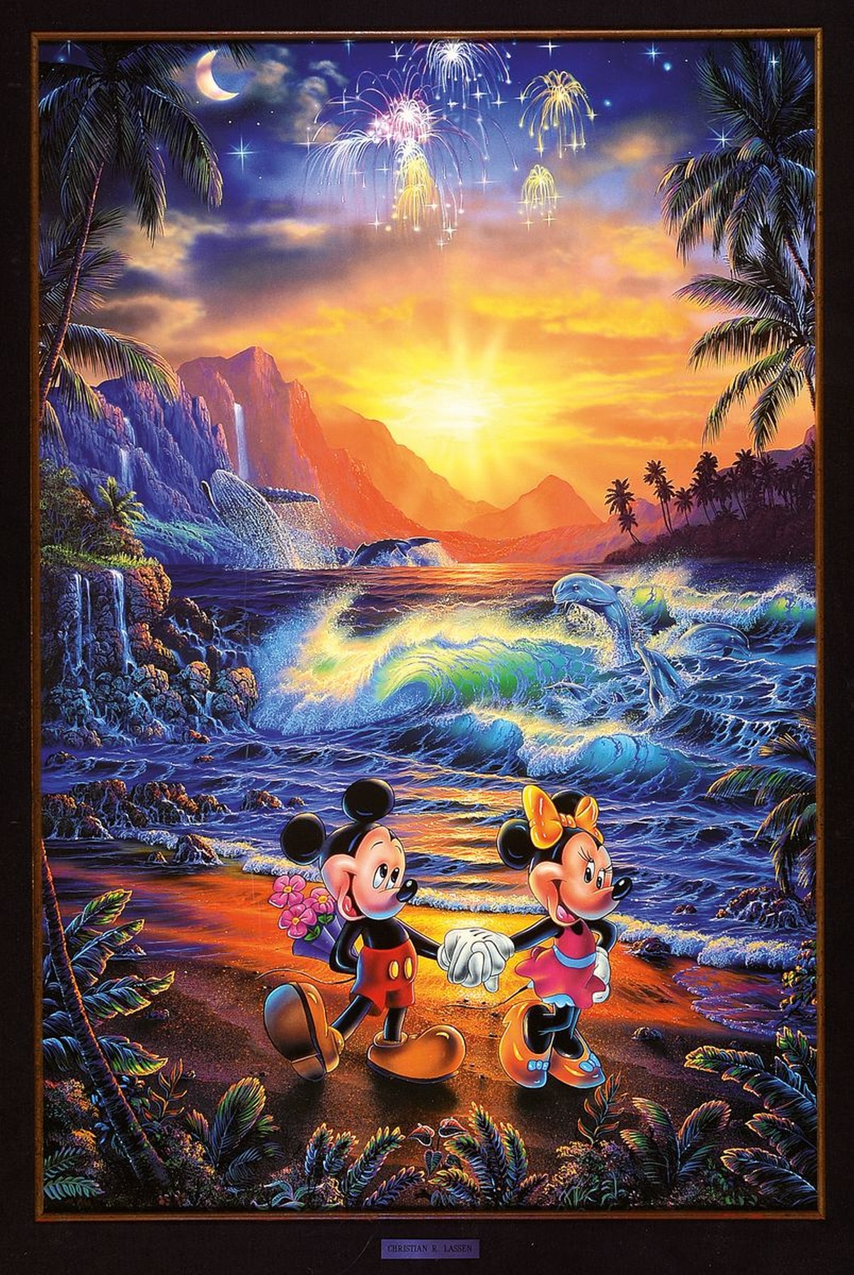 Christian Riese Lassen, zeitgenössischer us-amerikanischer Künstler, Mickey und Minnie am tropischen Strand bei Sonnenuntergang, Farbsiebdruck, ...