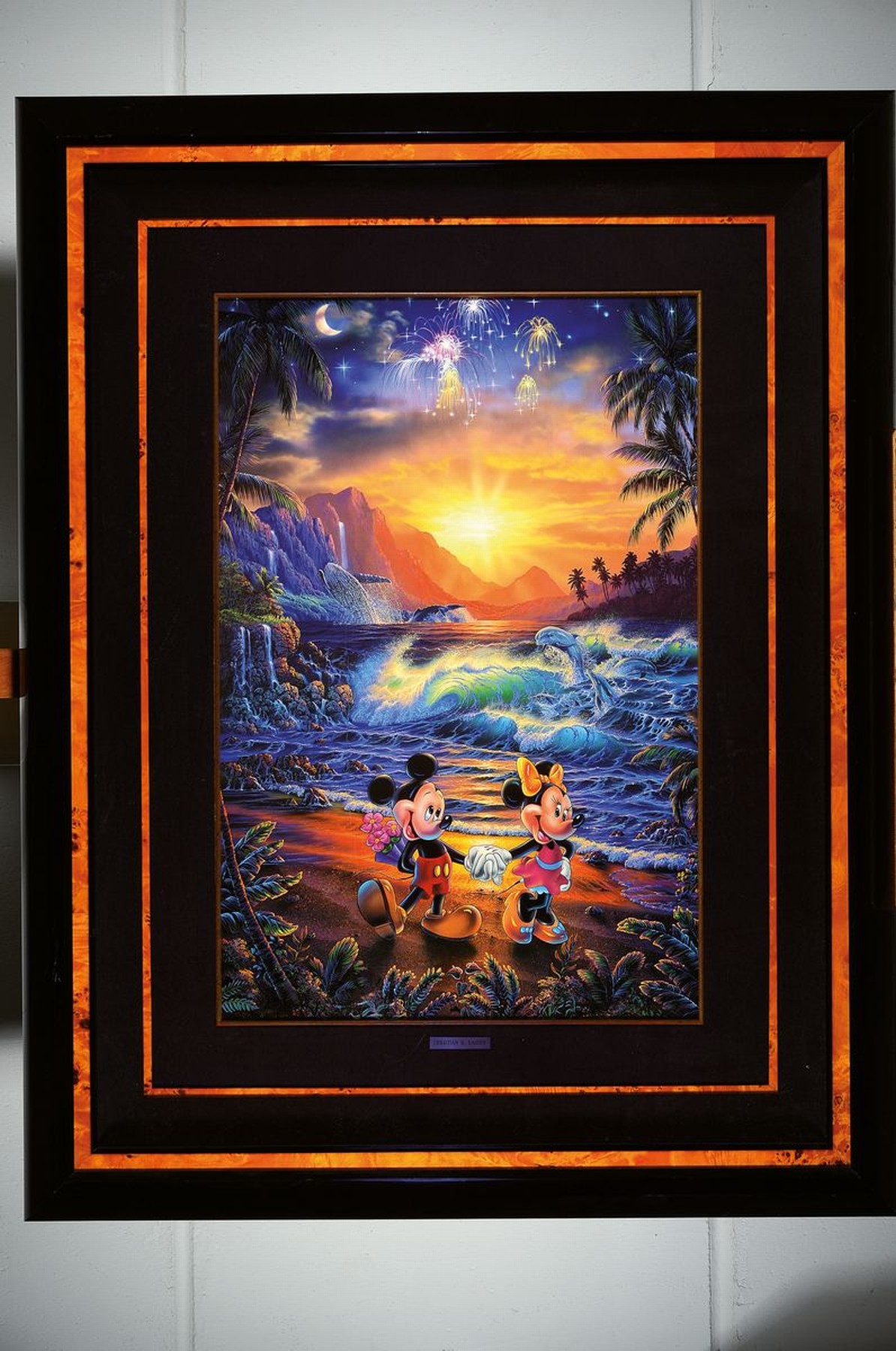 Detail k: Christian Riese Lassen, zeitgenössischer us-amerikanischer Künstler, Mickey und Minnie am tropischen Strand bei Sonnenuntergang, Farbsiebdruck, ...
