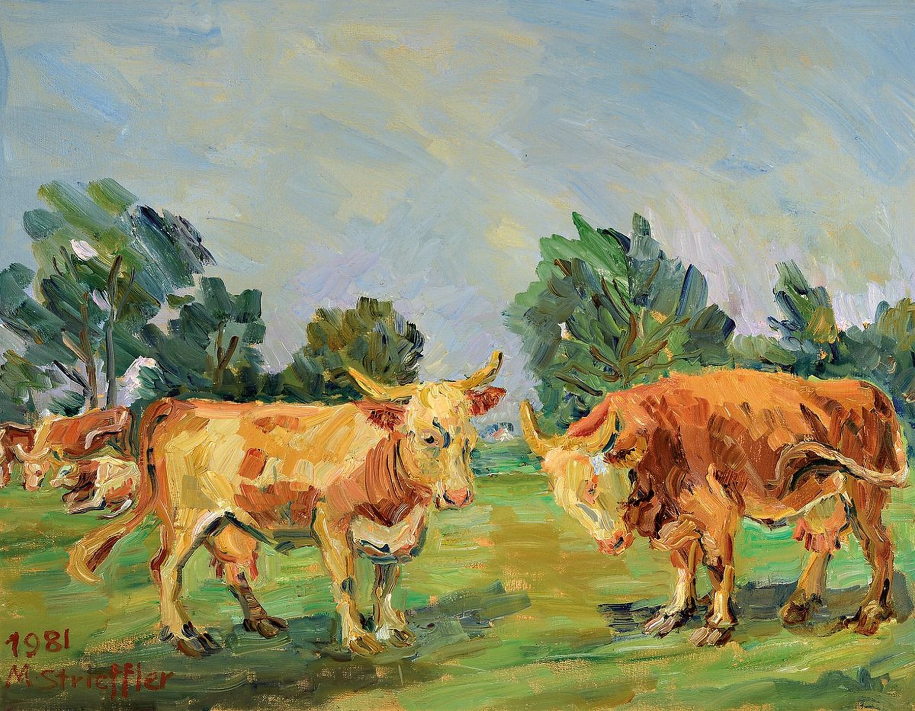 Marie Strieffler, 1917-1987 Landau, Kühe auf der Weide, Öl/Lwd, links unten signiert und dat. 81, ca. 60x76cm, R. ca. 70x87cm