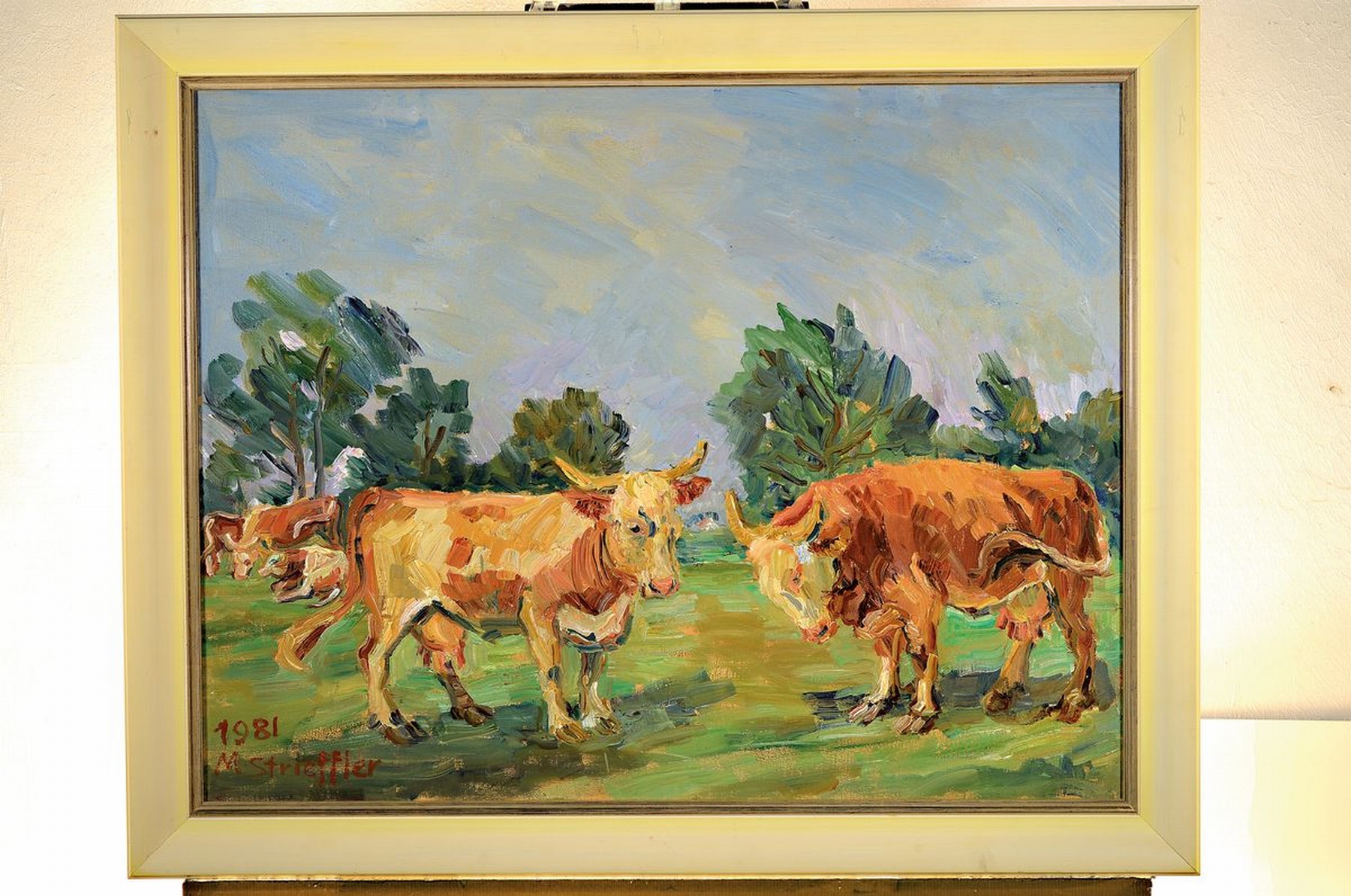 Detail k: Marie Strieffler, 1917-1987 Landau, Kühe auf der Weide, Öl/Lwd, links unten signiert und dat. 81, ca. 60x76cm, R. ca. 70x87cm