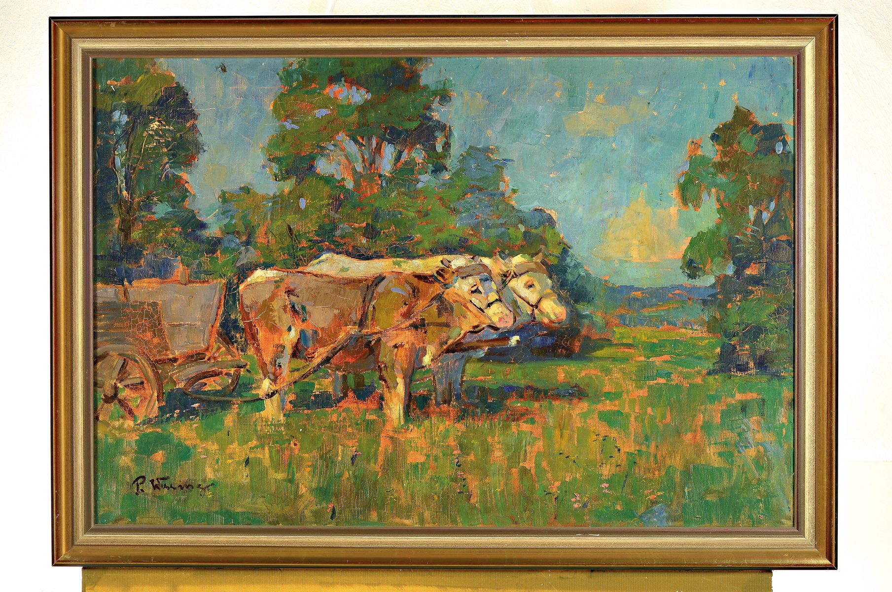 Detail k: Paul Wirsing, 1870 Waltershausen-1943 Neu-Isenburg, Zwei Ochsen vor einem Karren in sommerlicher Landschaft, Öl/Lwd, links unten signiert, ca. ...