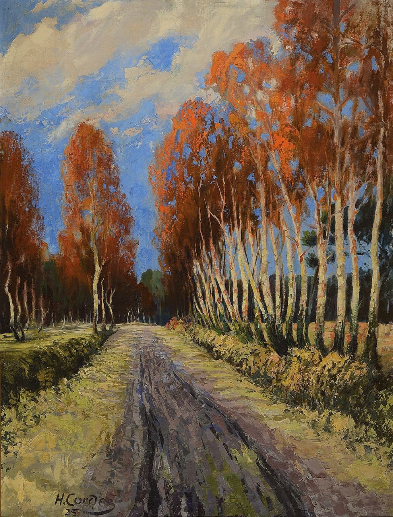 H. Cordes, datiert (19)25, herbstliche Allee mit Birken, Öl/Lwd, links unten signiert und dat., ca. 90x68cm, R. ca. 85x108cm