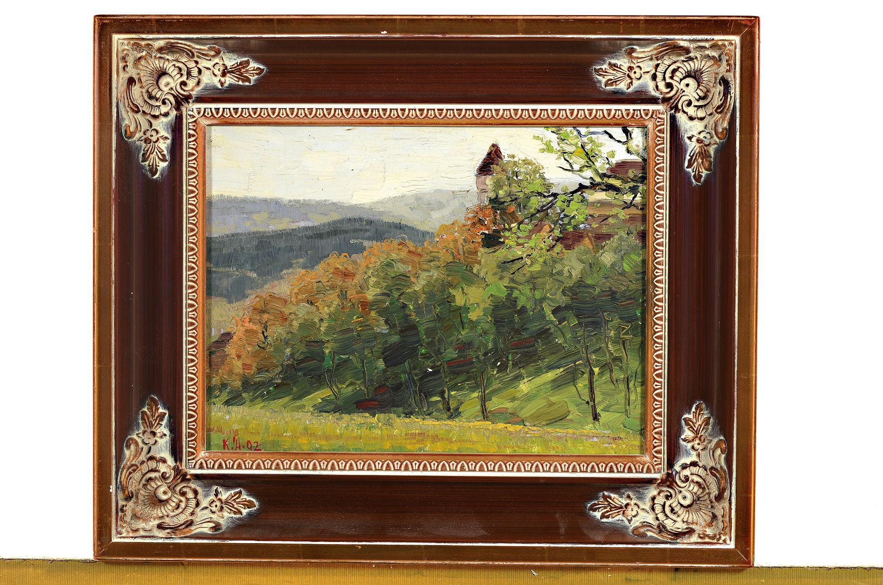 Detail k: Karl Dussault, 1840 Karlsruhe-1930, Studium an der Akademie Karlsruhe, hier: Sommerliche Landschaft mit Burg, Öl/Malkarton, links unten ...