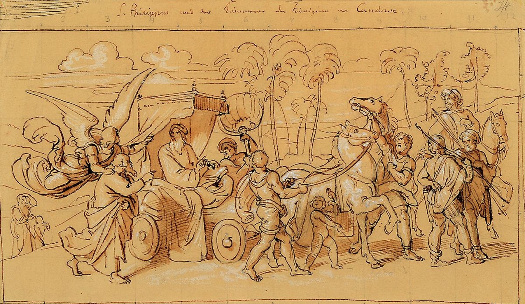 Zuschreibung: Julius Hübner, 1806 Oels-1882 Loschwitz, S. Philippus und der Kämmerer der Königin von Candace, Tuschfederzeichnung z.T. laviert, ...