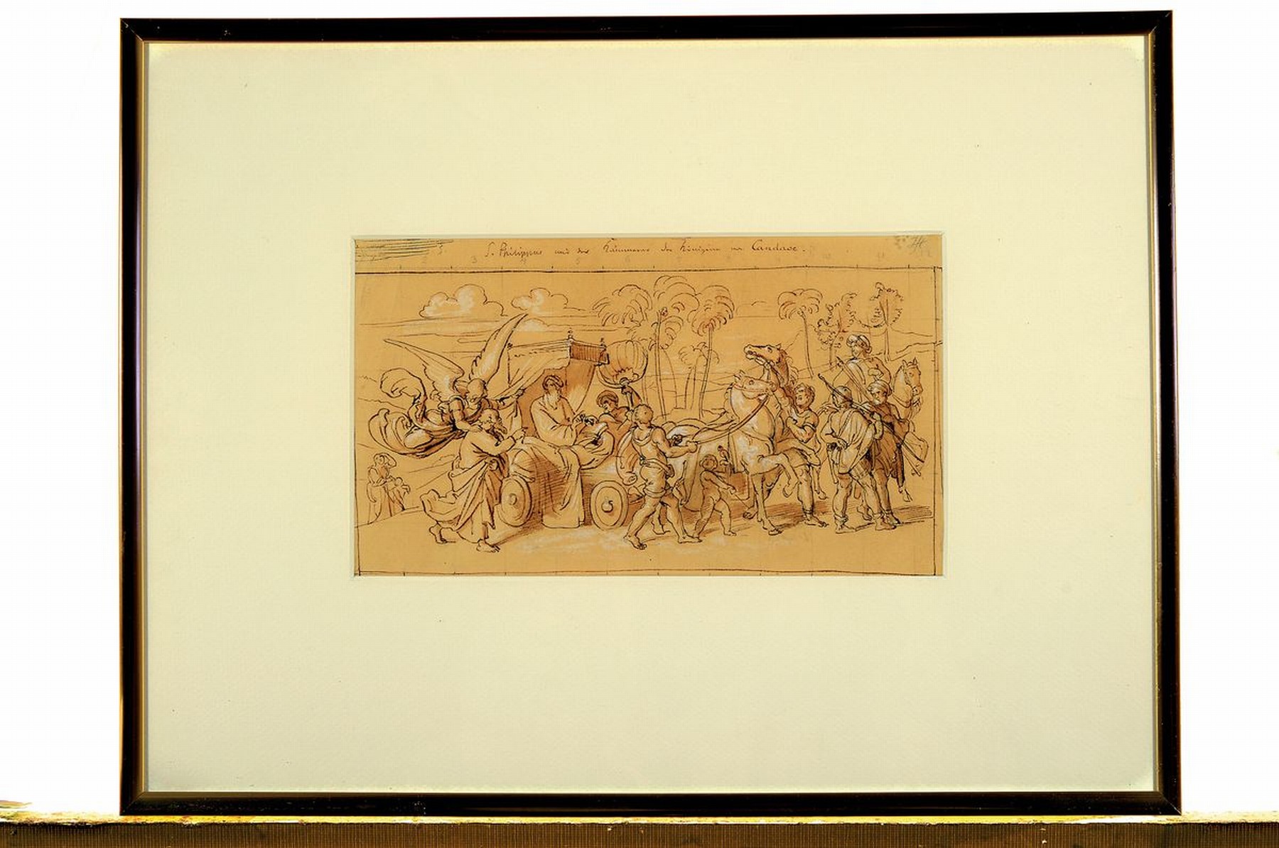 Detail k: Zuschreibung: Julius Hübner, 1806 Oels-1882 Loschwitz, S. Philippus und der Kämmerer der Königin von Candace, Tuschfederzeichnung z.T. laviert, ...