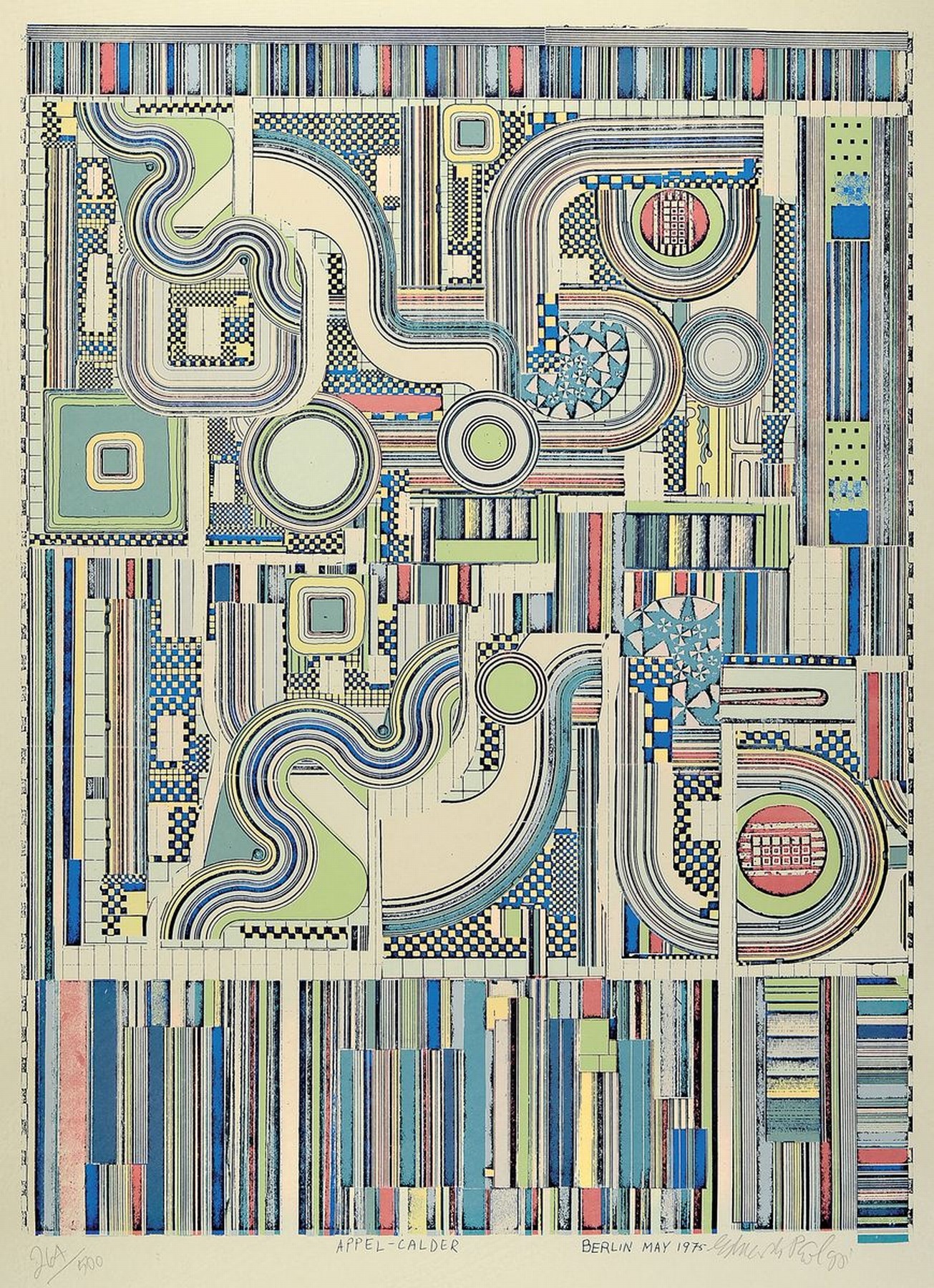 Eduardo Paolozzi, 1924-2005, "Appel Calder" Lithografie, sign., num. 264/500, unter Glas, links unten Glas kaputt, gesamt ca. 100x70 cm