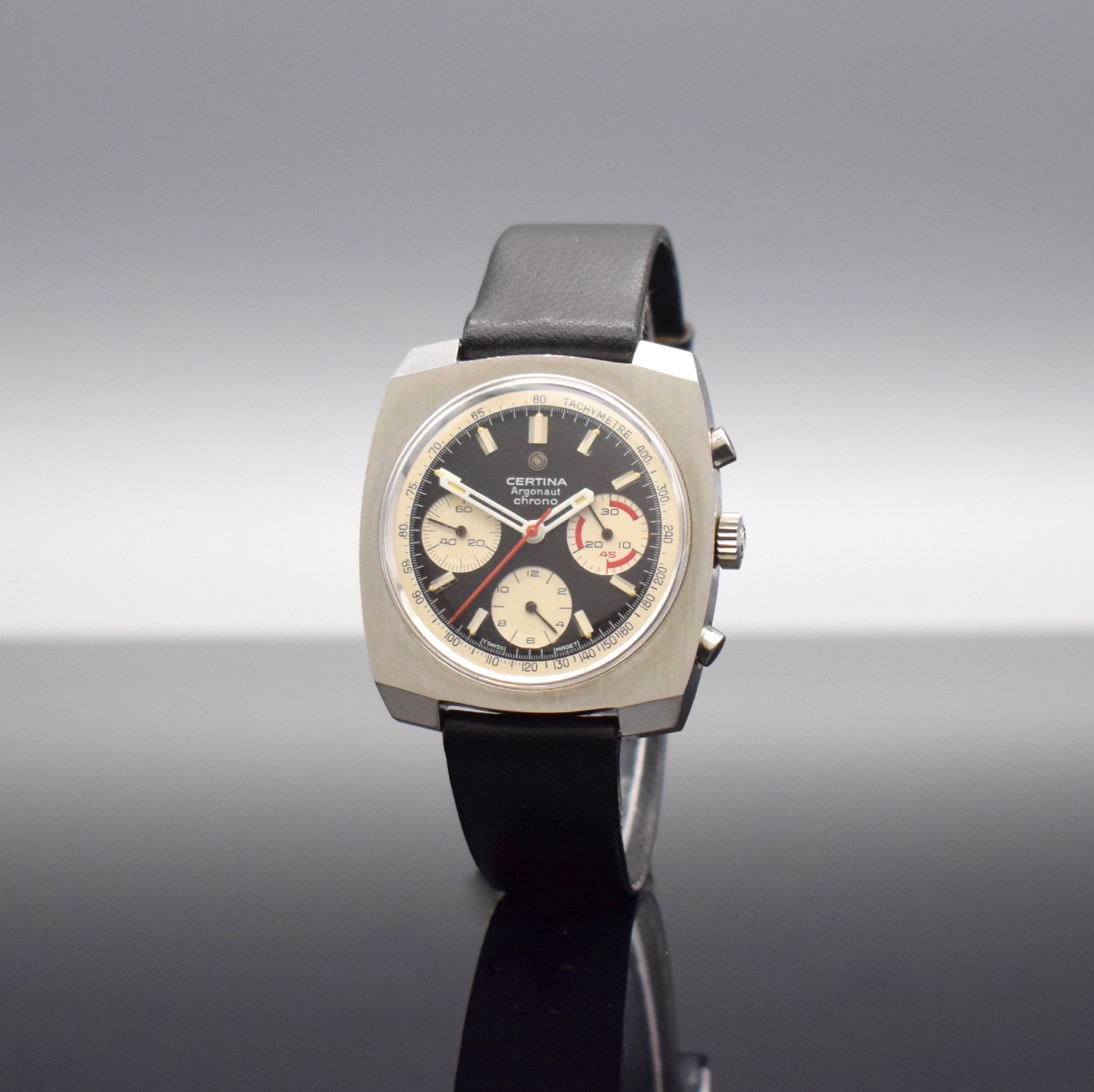 Detail b: CERTINA Argonaut Herrenarmbanduhr mit Chronograph Kal. Valjoux 726, Schweiz um 1970, Handaufzug, Ref. 8501 501, Edelstahlgeh. m. geschr. Boden, orig. ...