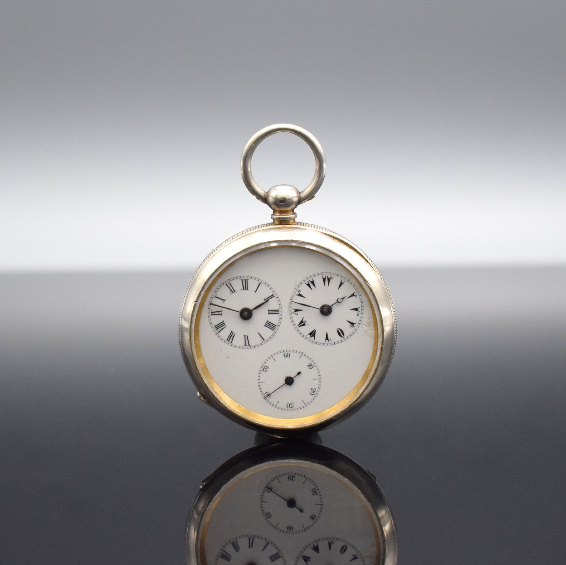 Offene Taschenuhr mit doppelter Zeitanzeige, Schweiz für Osmanisches Reich um 1870, Silbergehäuse, innen verg., Emailzifferbl. m. röm. & ...