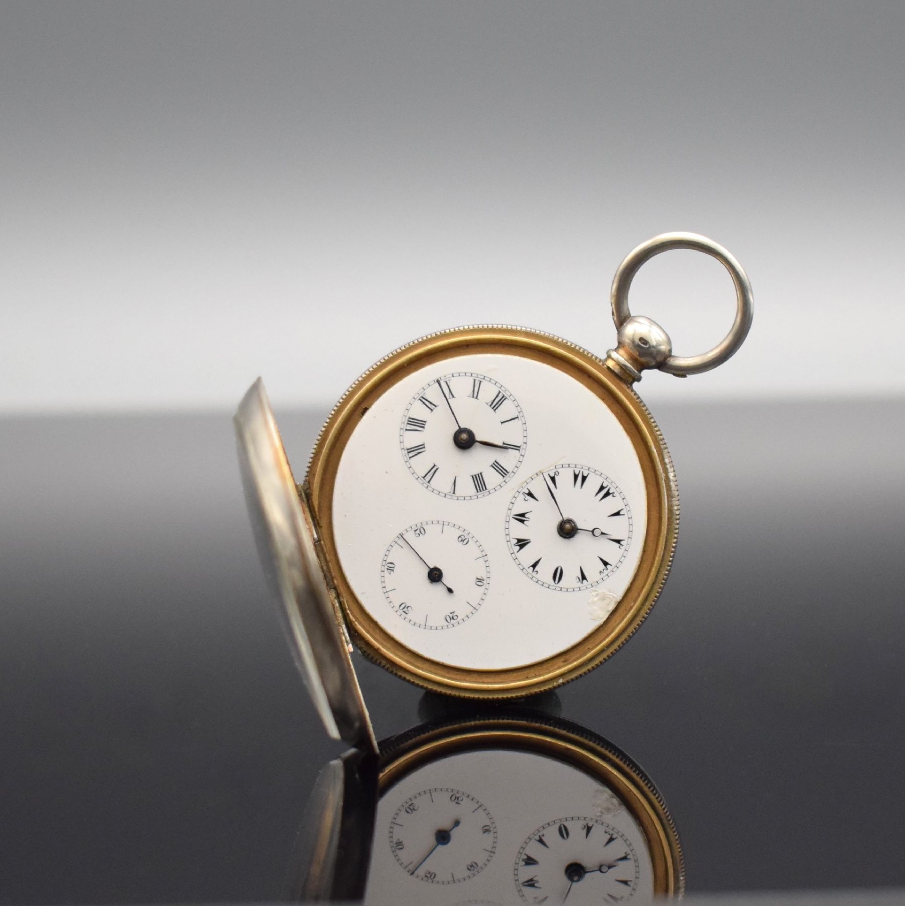 Detail f: Offene Taschenuhr mit doppelter Zeitanzeige, Schweiz für Osmanisches Reich um 1870, Silbergehäuse, innen verg., Emailzifferbl. m. röm. & ...