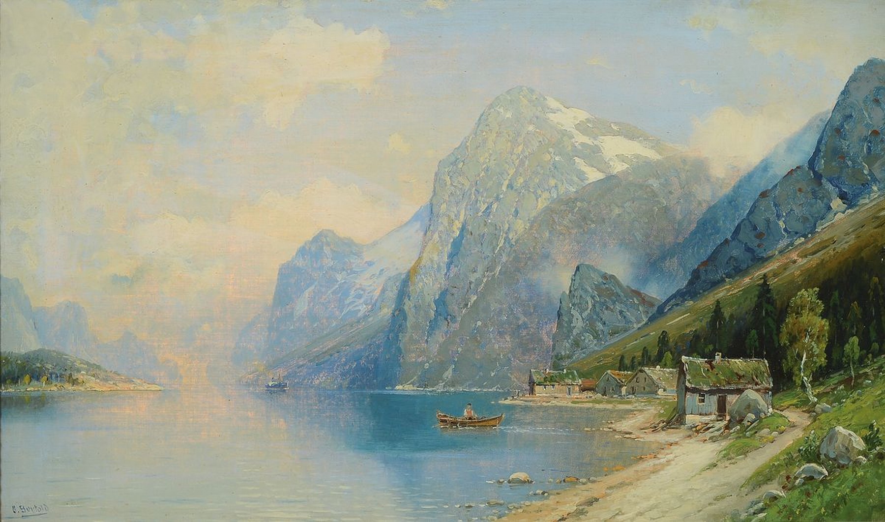 Carl Bertold, Maler der Düsseldorfer Schule, um 1900-1910, Norwegische Fjordlandschaft, Öl/Lwd, links unten signiert, rest., 45x75cm, R. ca. 65x95cm