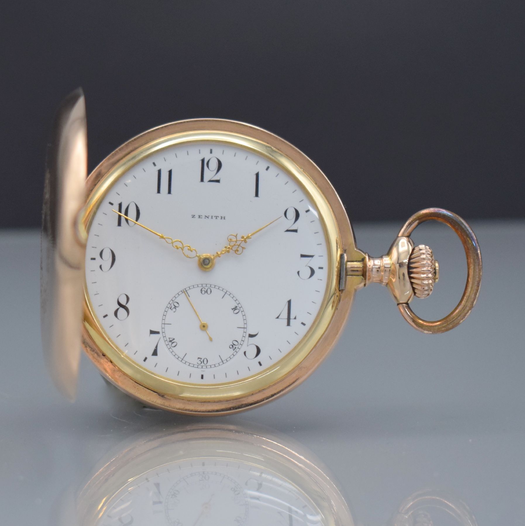 ZENITH Savonette in RG 585/000, Schweiz um 1914, massives 3-Deckel Goldgeh. m. a-goutte Schlüssen l. dell., Cuvette mit Medaillengravur, beide ...