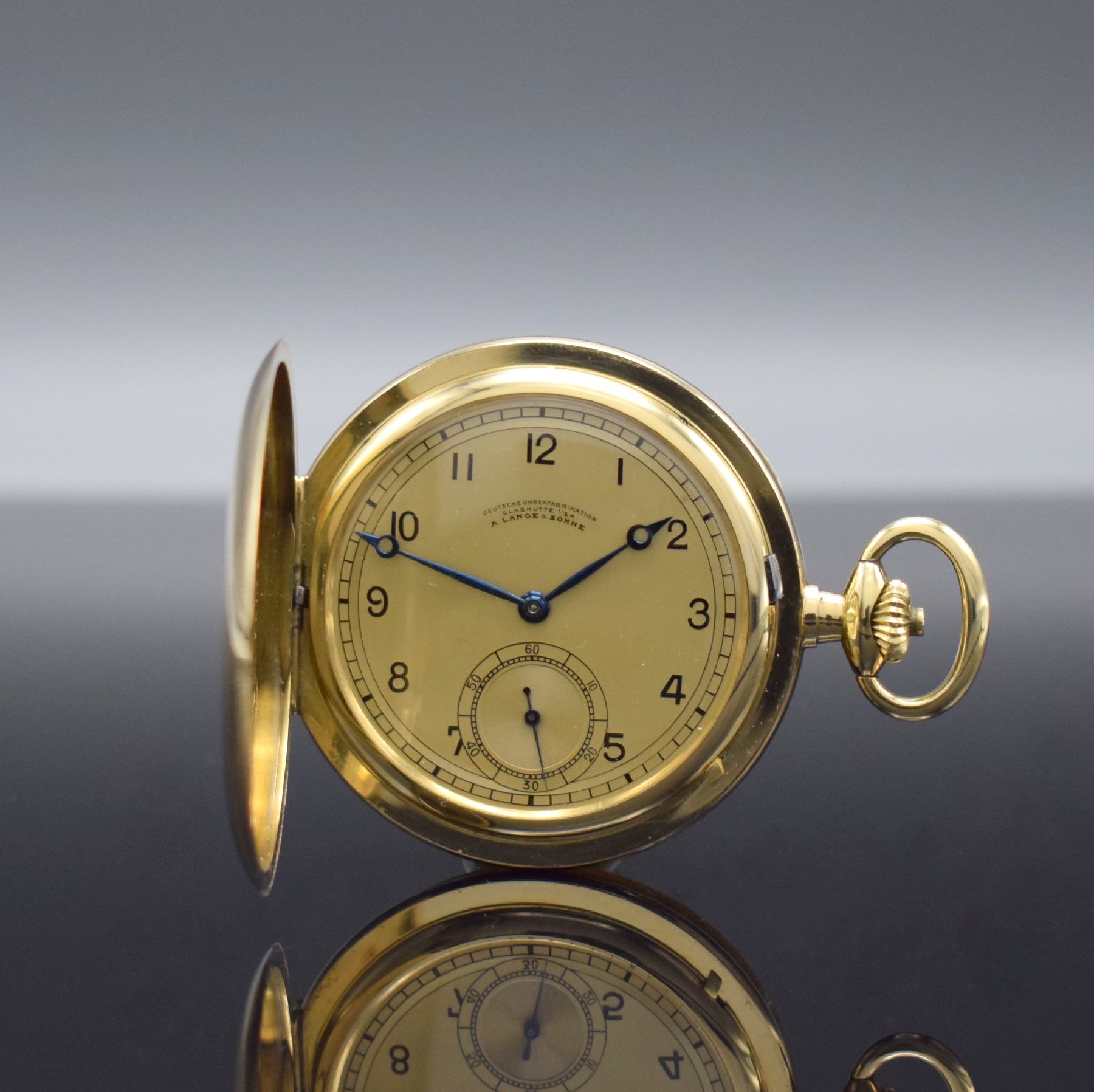 A. LANGE & SÖHNE Deutsche Uhrenfabrikation Glashütte i/SA Savonette in GG 585/000, Deutschland um 1912, 3-Deckel Goldgeh., Metallzifferbl. m. arab. ...