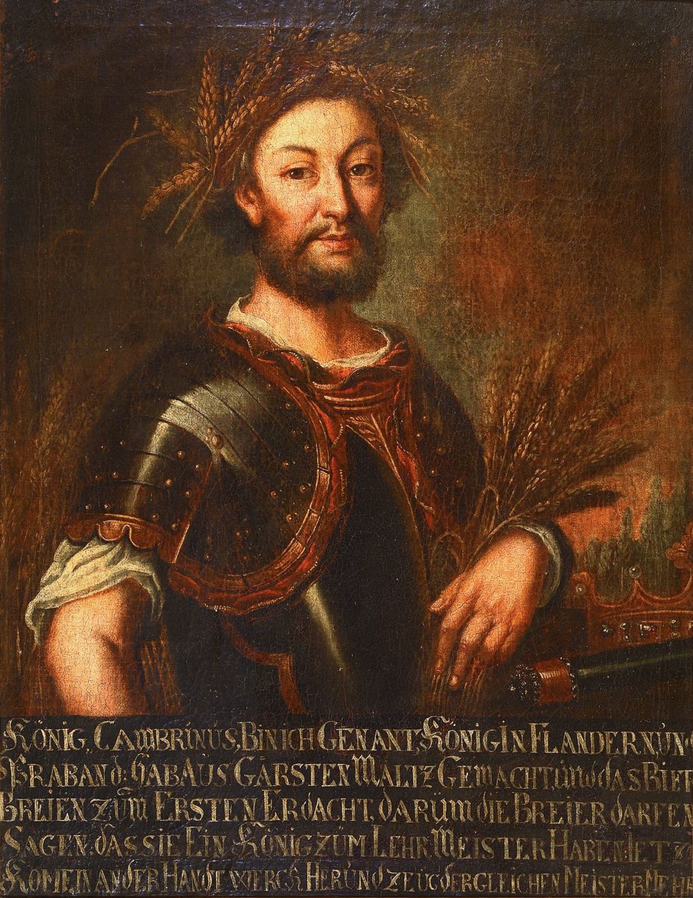Unbekannter Künstler, deutsch, um 1680-1700, Porträt des Königs Cambrinus von Flandern und Braband, Erfinder des Bierbrauens (ca. 1200 vor Chr.), ...