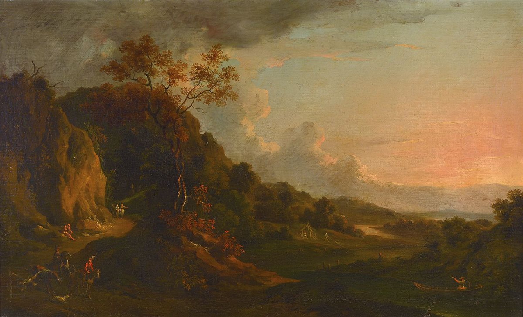 Umkreis Frederik de Moucheron, 1633 Emden- 1686 Amsterdam, Blick in ein Flusstal mit Fischerkahn, Fischern am Ufer, die Netze einholend, auf dem Weg ...