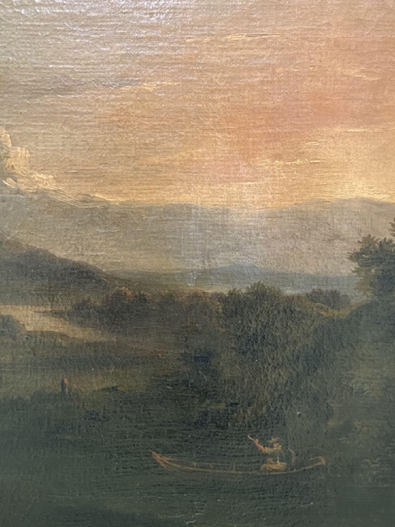 Detail b: Umkreis Frederik de Moucheron, 1633 Emden- 1686 Amsterdam, Blick in ein Flusstal mit Fischerkahn, Fischern am Ufer, die Netze einholend, auf dem Weg ...