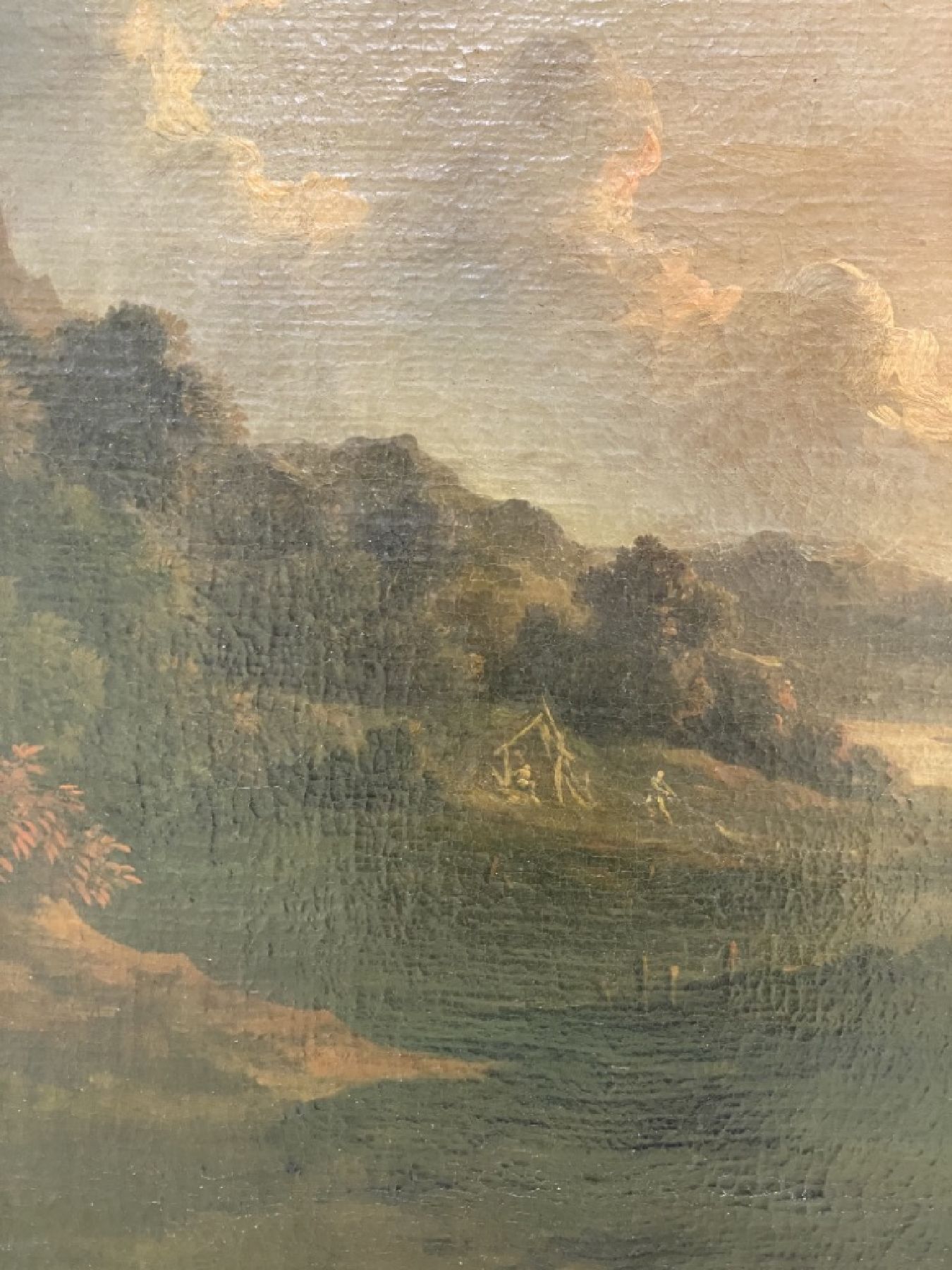 Detail c: Umkreis Frederik de Moucheron, 1633 Emden- 1686 Amsterdam, Blick in ein Flusstal mit Fischerkahn, Fischern am Ufer, die Netze einholend, auf dem Weg ...