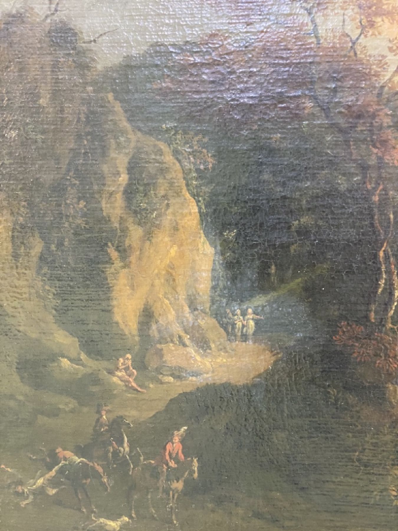Detail d: Umkreis Frederik de Moucheron, 1633 Emden- 1686 Amsterdam, Blick in ein Flusstal mit Fischerkahn, Fischern am Ufer, die Netze einholend, auf dem Weg ...