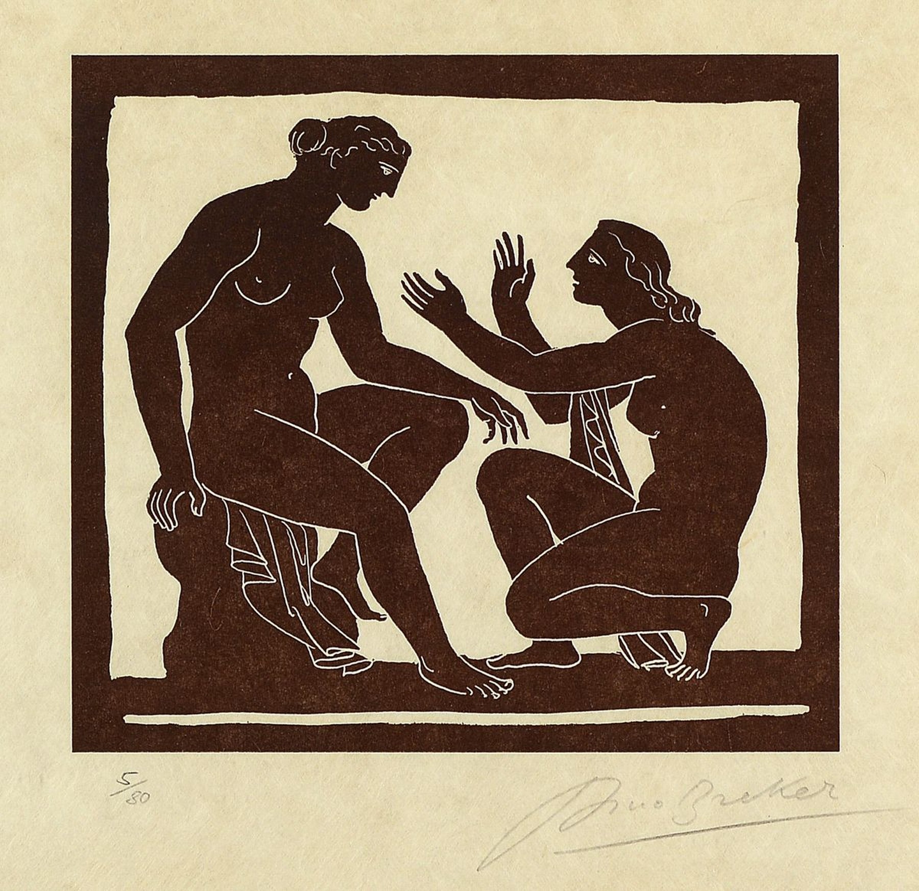 Arno Breker, 1900 - 1991, zwei Grafiken, Farbholzschnitt: Dialog der Mädchen, handsigniert und num. 5/80, ca. 15 x 16.5 cm Abb., unter Glas, Rahmen, ...