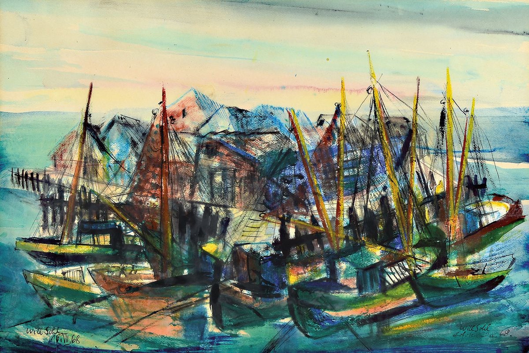Will Sohl, 1906 Ludwigshafen - 1969 Heidelberg, Hafenszene, Aquarell, re. u. und li. u. signiert, z.T. bezeichnet und datiert leichte Alters- und ...