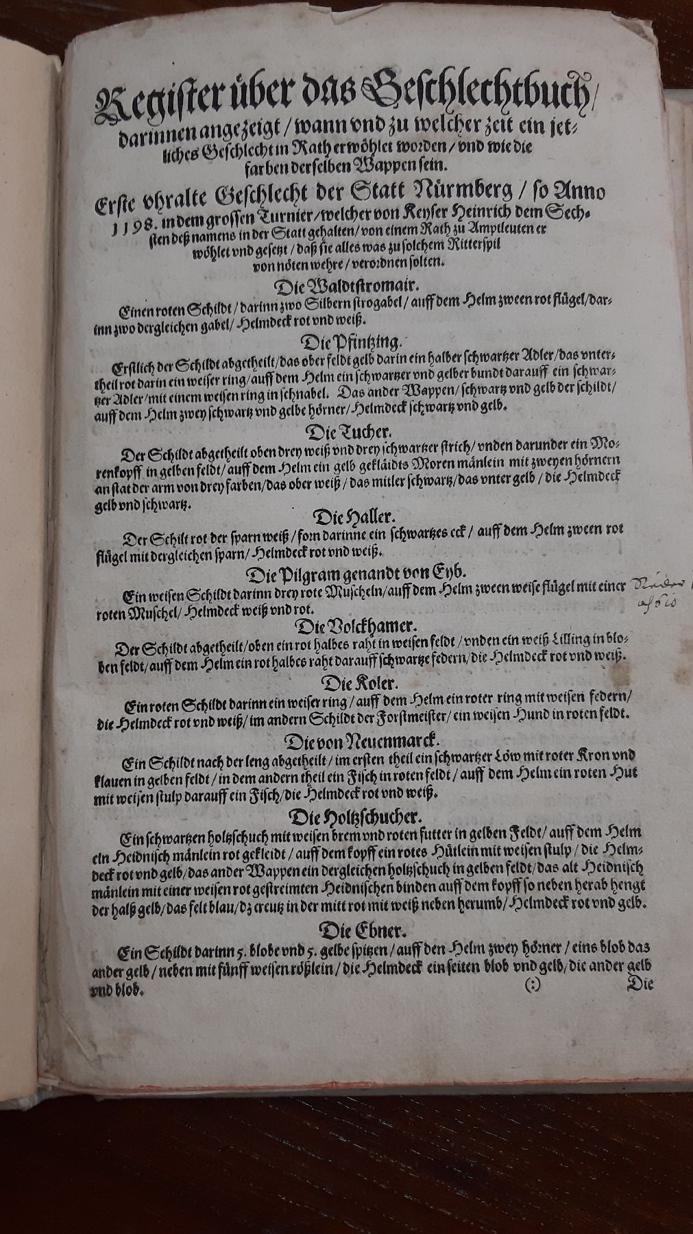 Detail d: Geschlechterbuch, Nürnberg, um 1536, Register über das Geschlechterbuch, darinnen angezeicht wann und zu welcher Zeit ein jetliches Geschlecht in ...