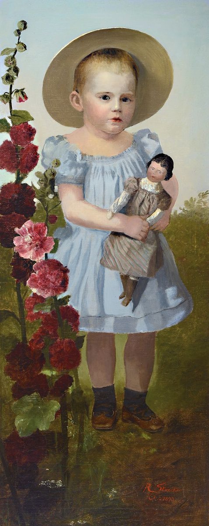 R. Streicker, wohl Wiener Maler, junges Mädchen mit Puppe, Öl/Lwd./Pappe, restauriert, signiert und datiert, ca. 112 x 46 cm, Rahmen