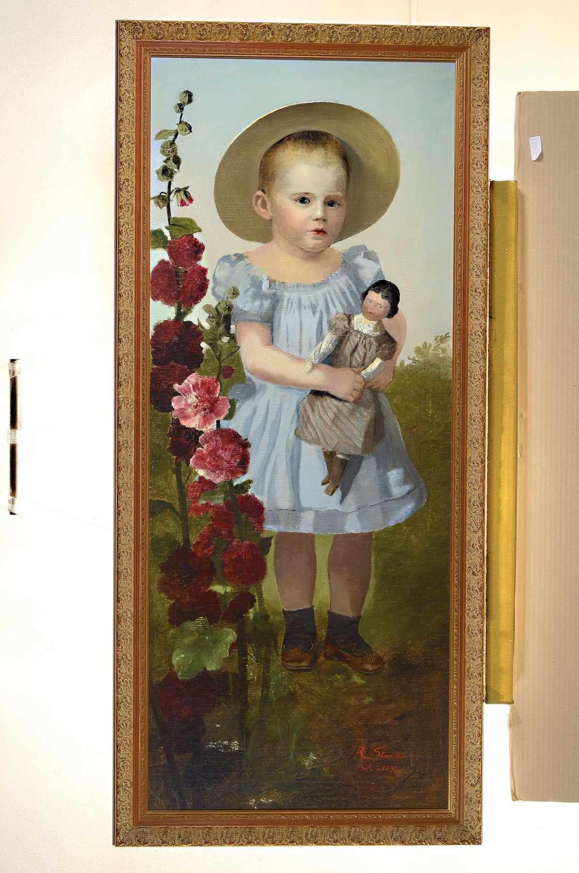 Detail k: R. Streicker, wohl Wiener Maler, junges Mädchen mit Puppe, Öl/Lwd./Pappe, restauriert, signiert und datiert, ca. 112 x 46 cm, Rahmen