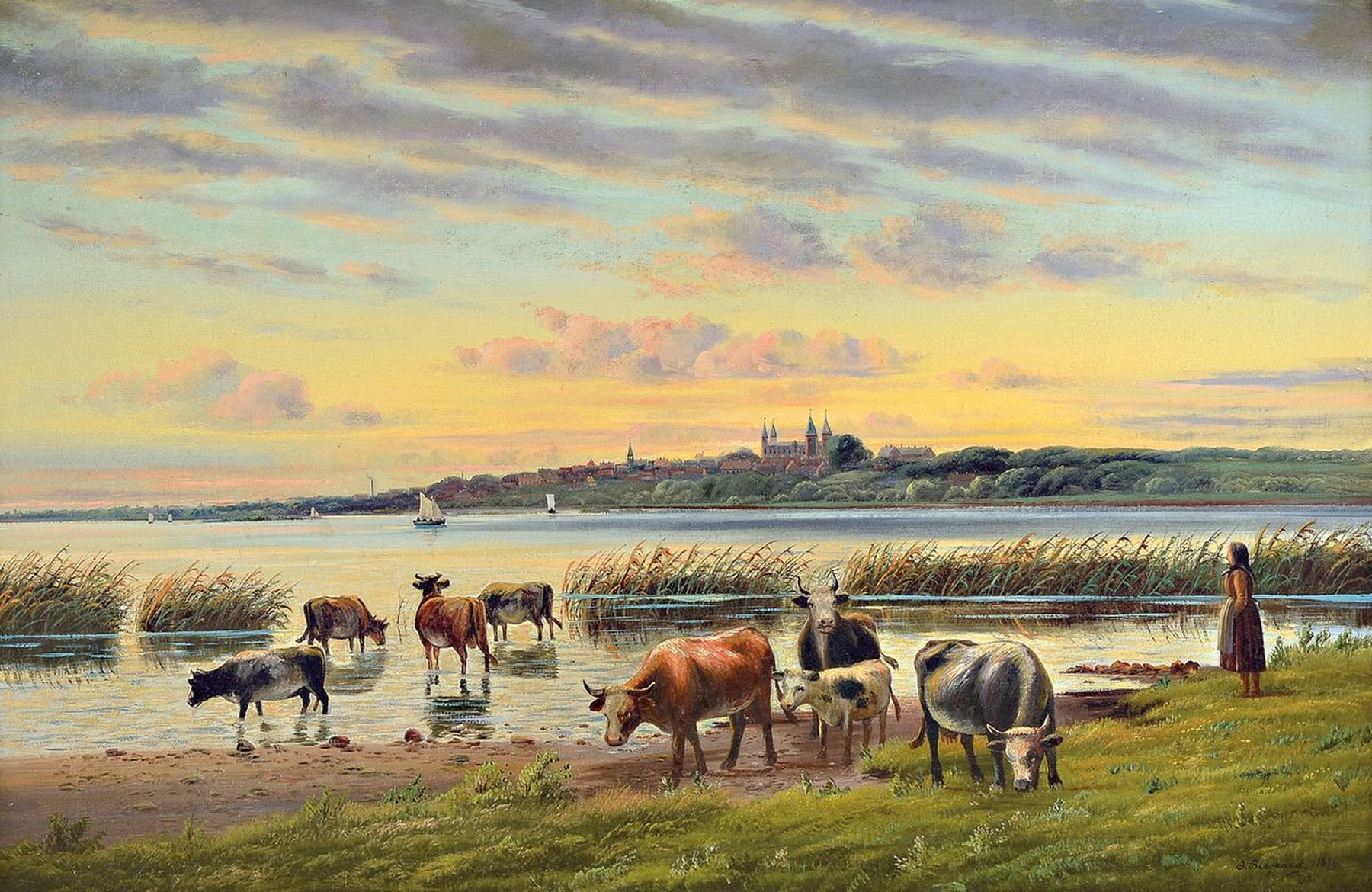 Bisgaard, wohl dänischer Maler, dat. 1896, Hirte mit Kühen am Fluss, Öl/Lwd, re. unten signiert, l. Altersspuren, ca. 75 x 112 cm, Prunkrahmen ...