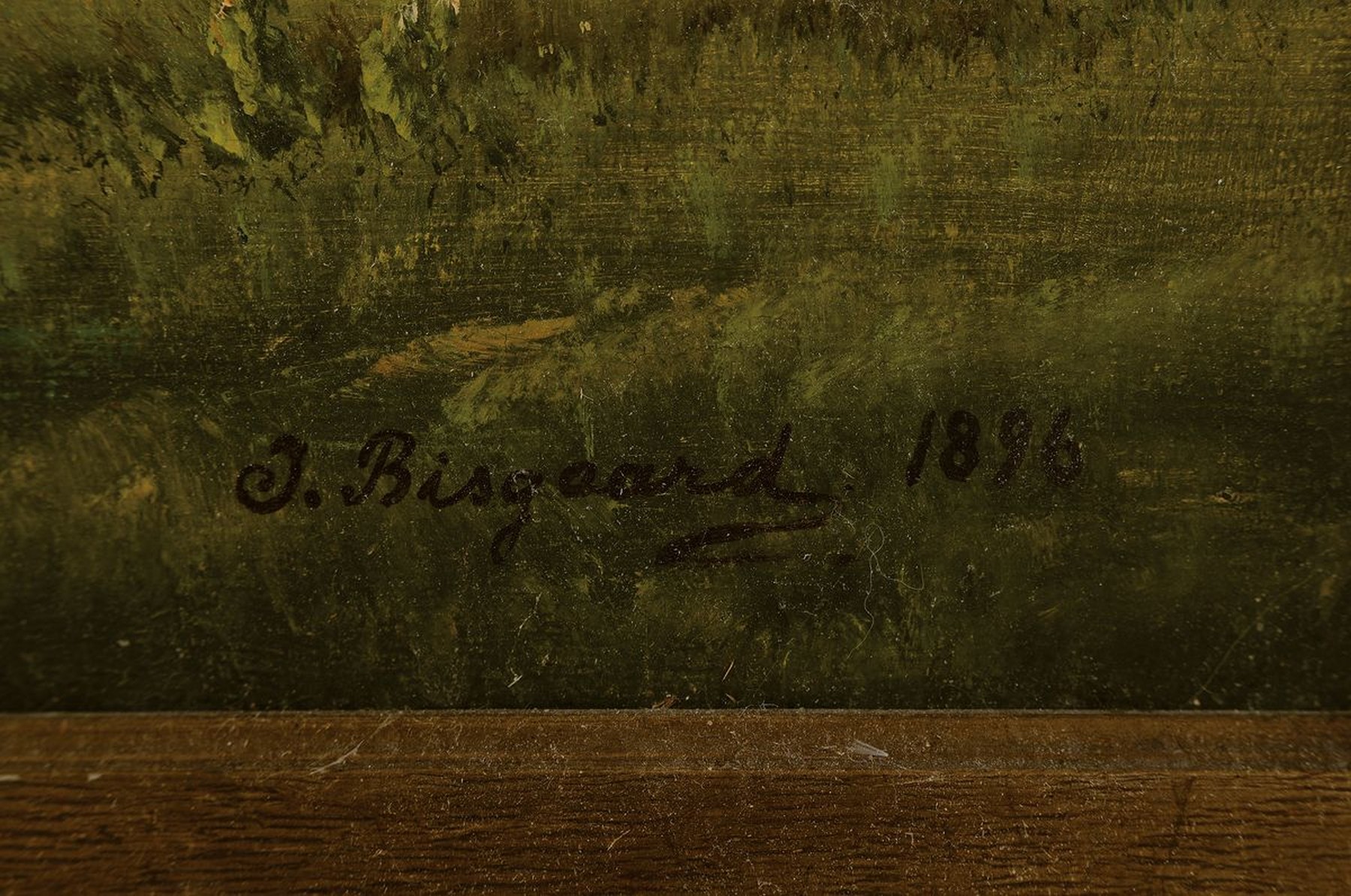 Detail a: Bisgaard, wohl dänischer Maler, dat. 1896, Hirte mit Kühen am Fluss, Öl/Lwd, re. unten signiert, l. Altersspuren, ca. 75 x 112 cm, Prunkrahmen ...