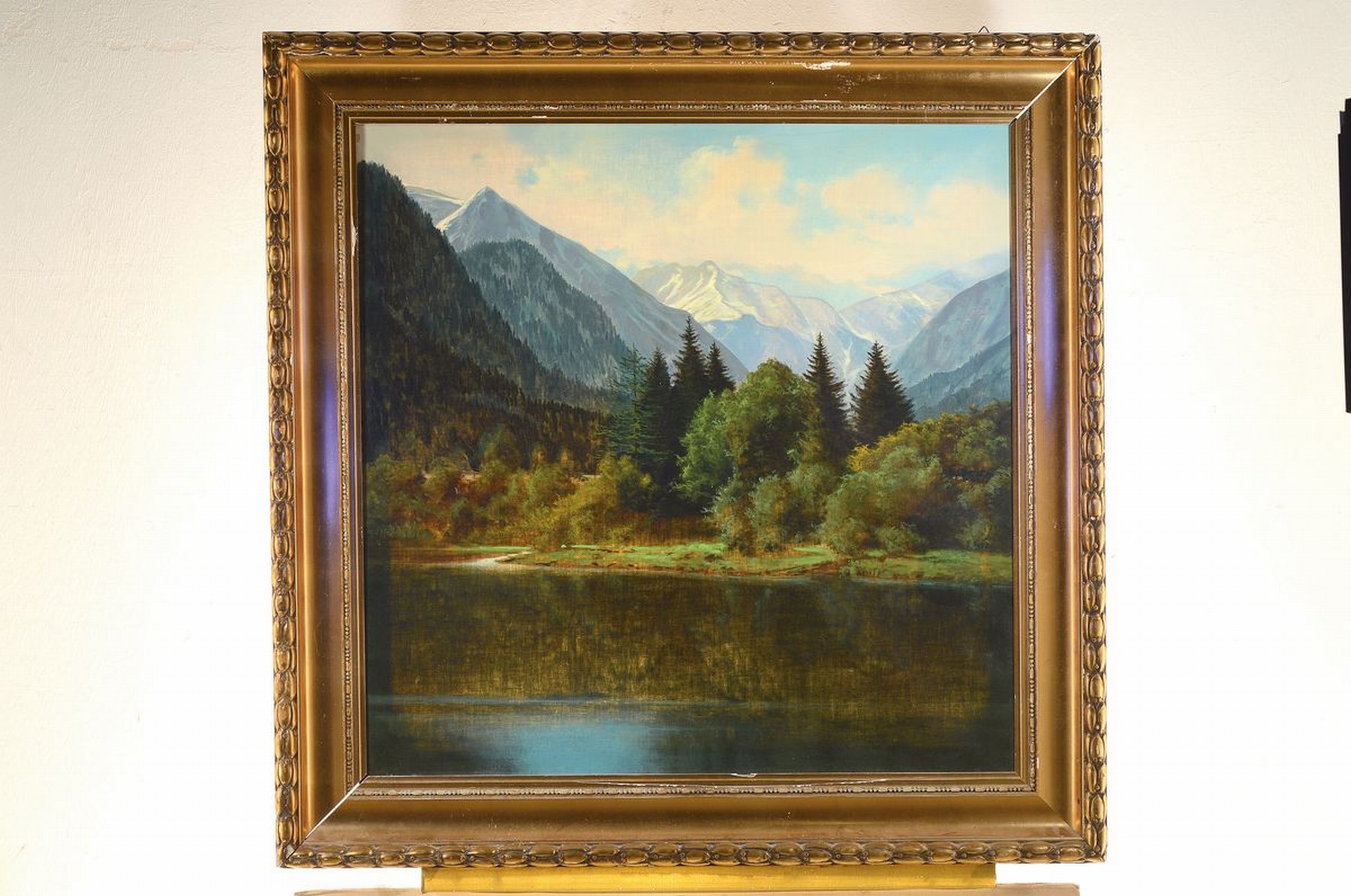 Detail k: Ungedeuteter Maler signiert Stephan o.ä., Münchener Schule, um 1900, Seelandschaft mit Blick auf die Alpen, Öl/Lwd, re. unten unleserlich ...